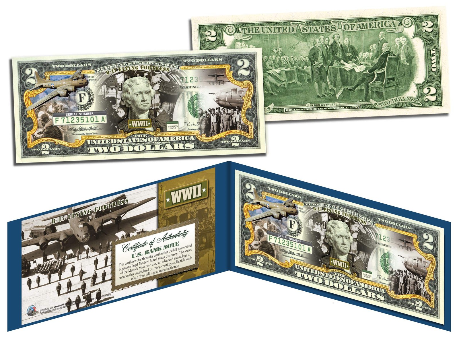 WORLD WAR II * B-17 FLYING FORTRESS * Colorized U.S. $2 Bill WWII Boeing Bomber