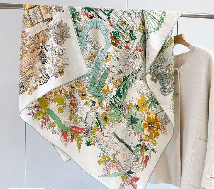 70% Cashmere 30% Silk Wrap Scarf Green garden Print Double Face Print Shawl 53''