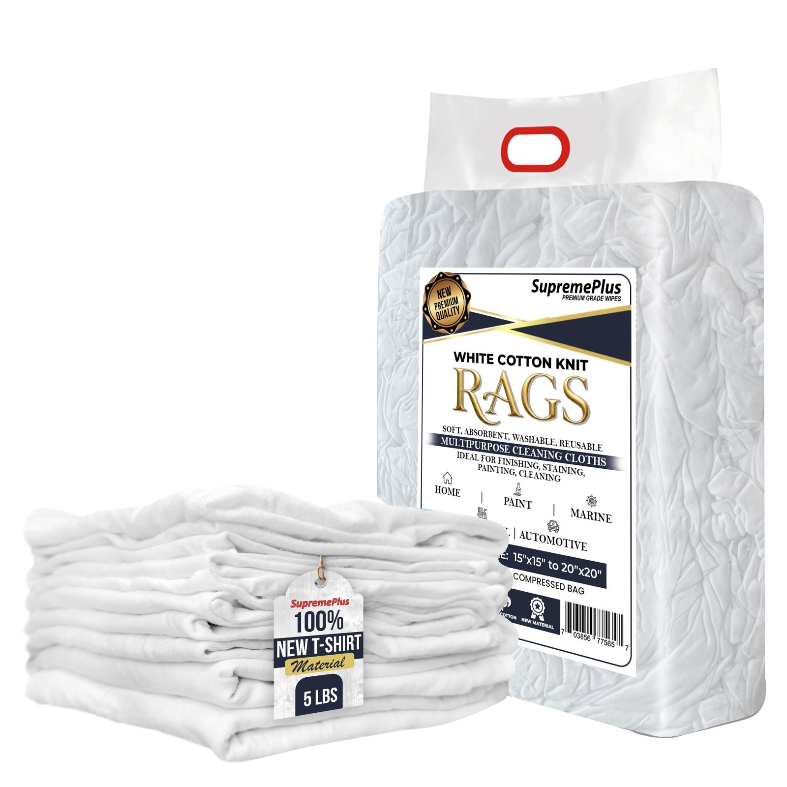 New White Knit T-Shirt Rags 5 lbs. Compressed Bag - Multipurpose Cleaning Cloths