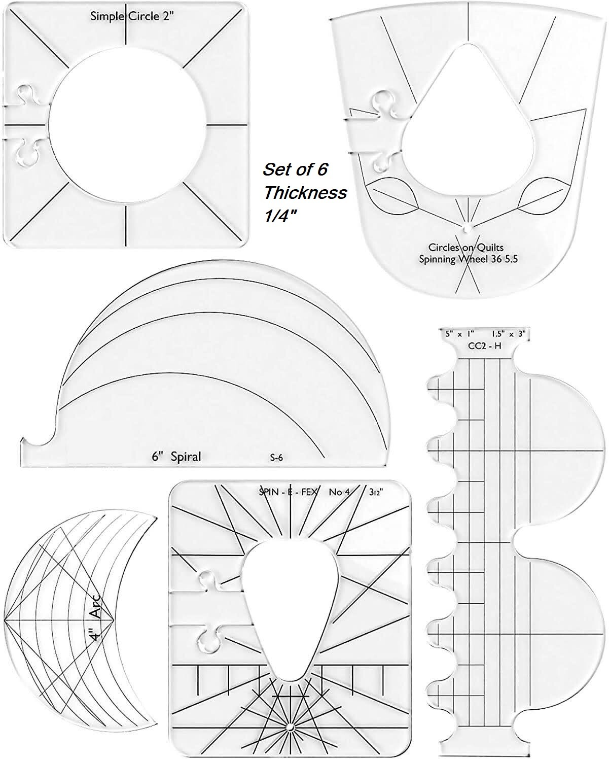 Quilting Ruler Template Set 6 pcs Sewing Tool Kit ¼” for Domestic Sewing Machine