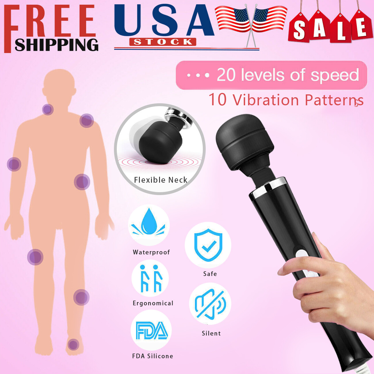 Multi-Speed Large Powerful Handheld Wired Massager Wand Full Body Magic Therapy