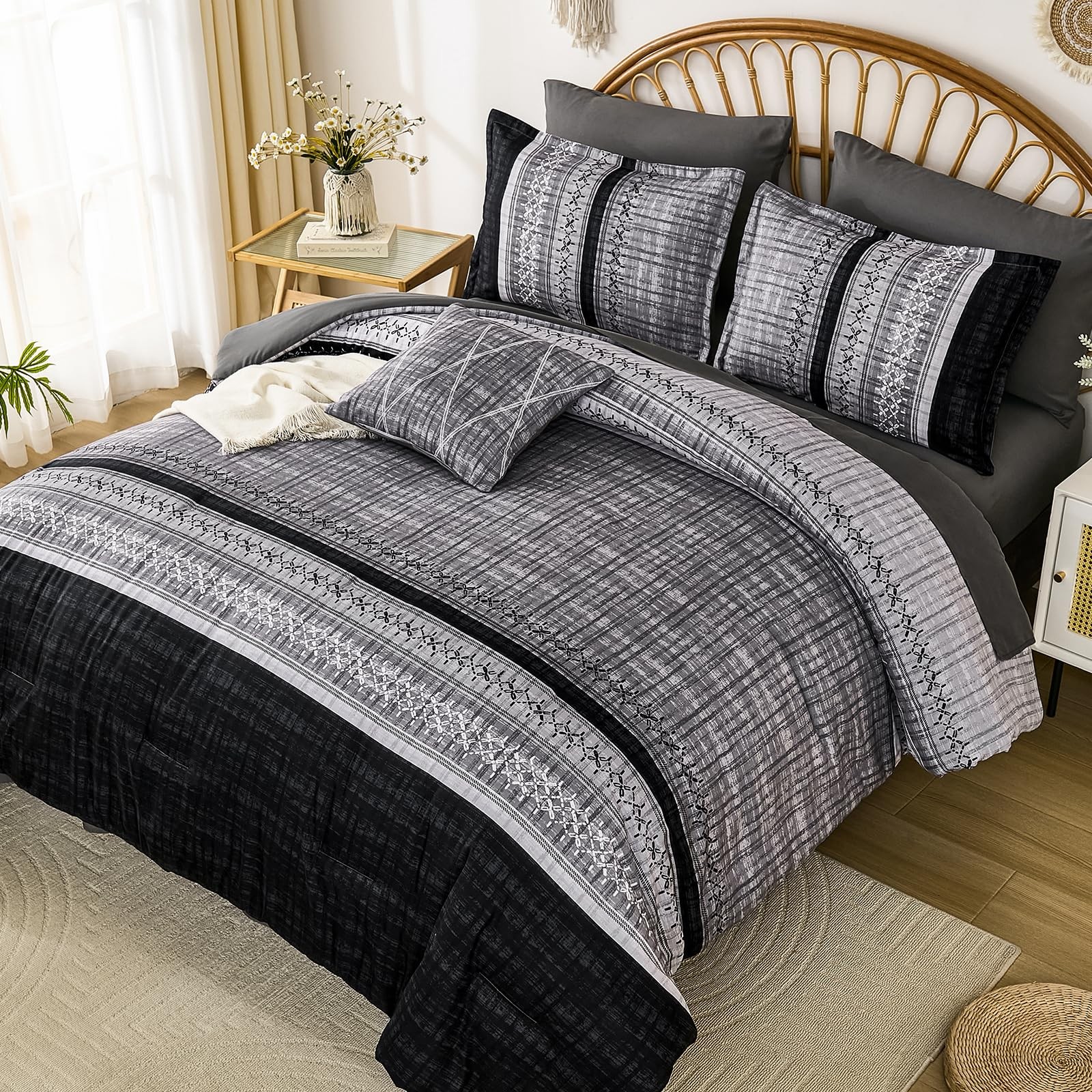 Comforter Set King 90 103 8 Pieces Boho Striped Microfiber Black Dintszyayue