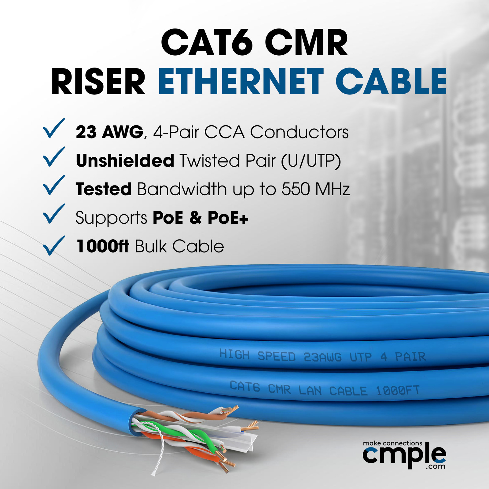 Cat6 Plenum Ethernet Cable 1000ft CMP 550MHz Solid Wire Bulk Ethernet LAN Blue