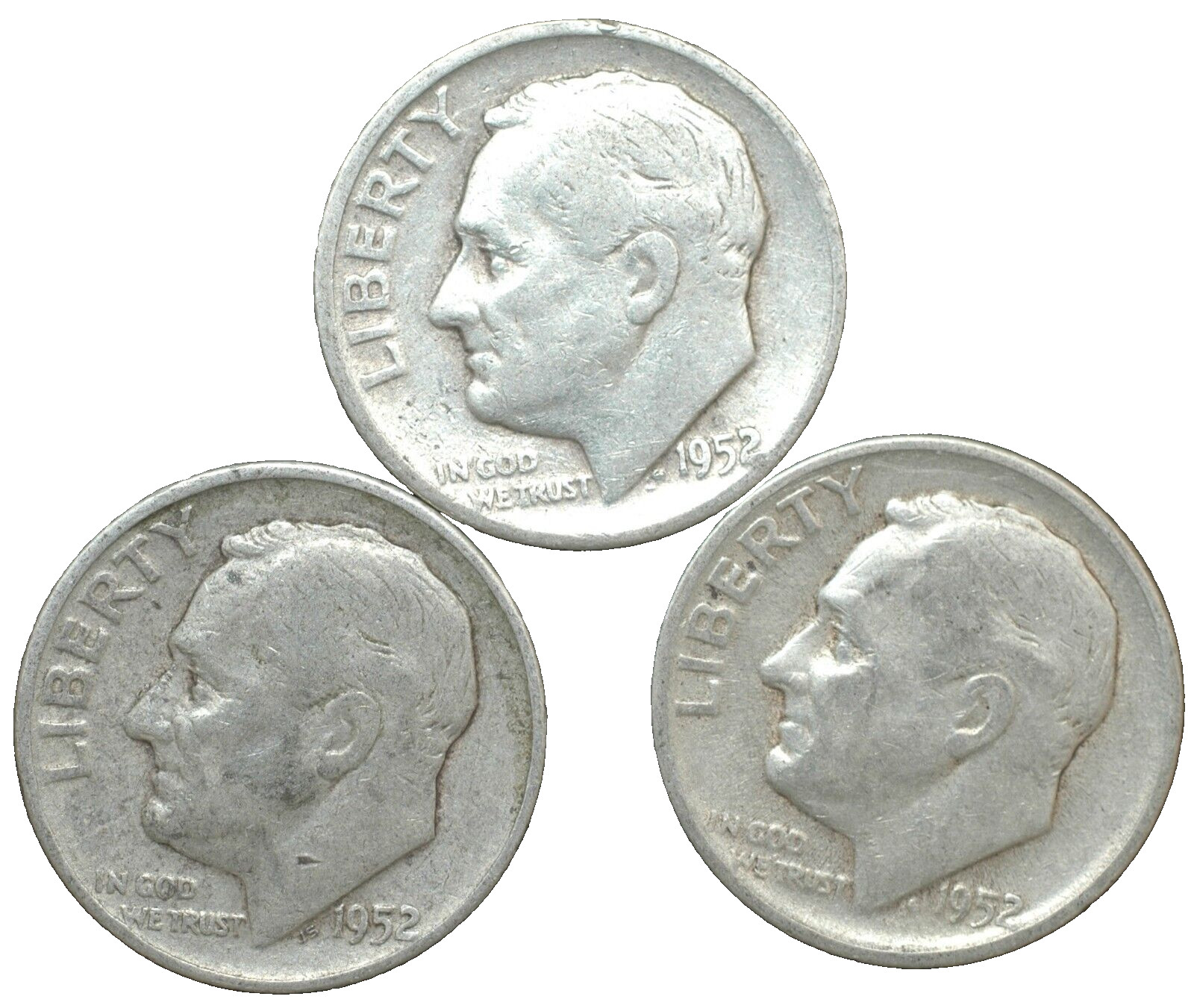 1952-P-D-S Roosevelt silver dime year mint set 3 coins nice average circulated