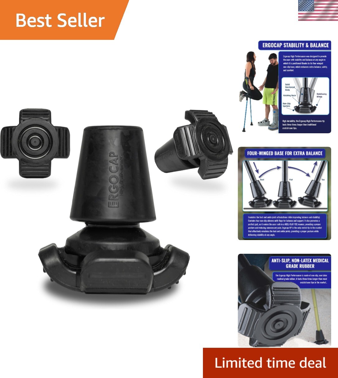 Shock-Absorbing Crutch Tip with Four Anti-Slip Ailerons for Enhanced Mobility