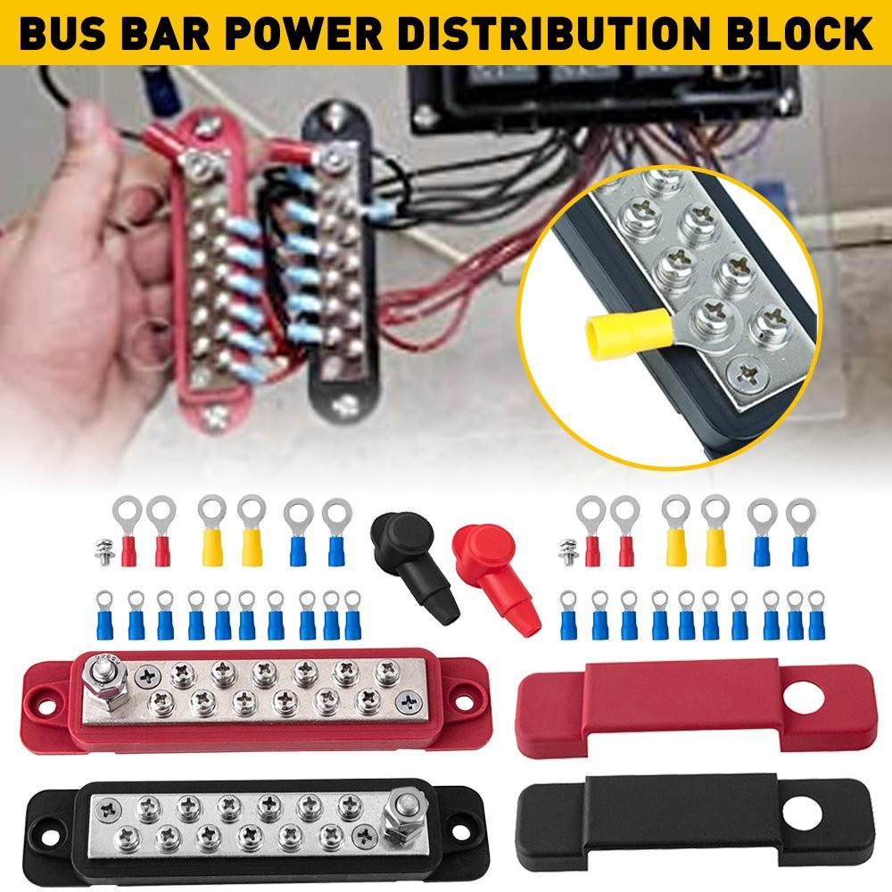12 Point Busbar Bus Power Bar Distribution Block 180A DC 12V Black & Red AUXITO