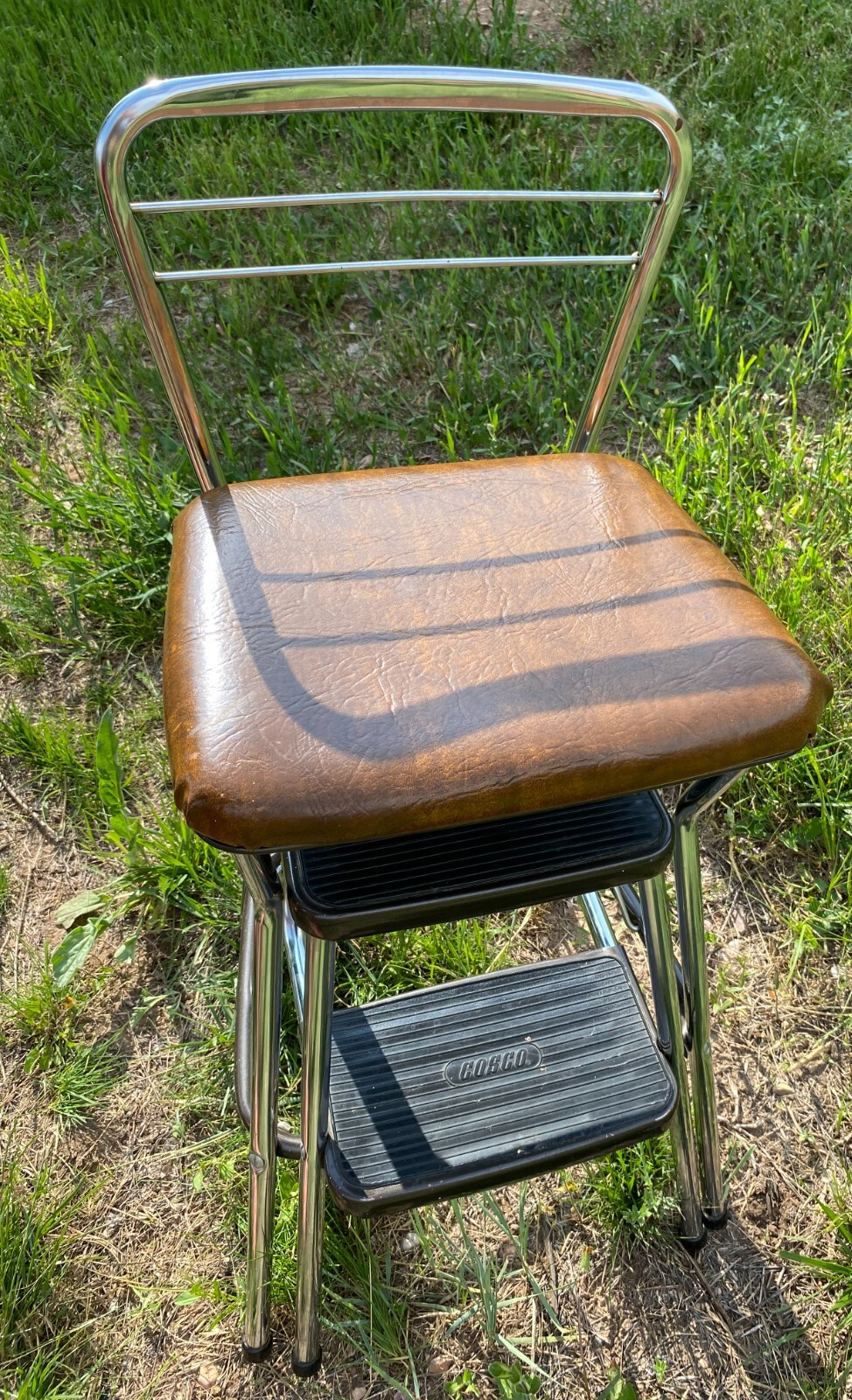 Vintage Cosco Chrome Kitchen 2 Step Stool Brown Seat 32 Inches Tall