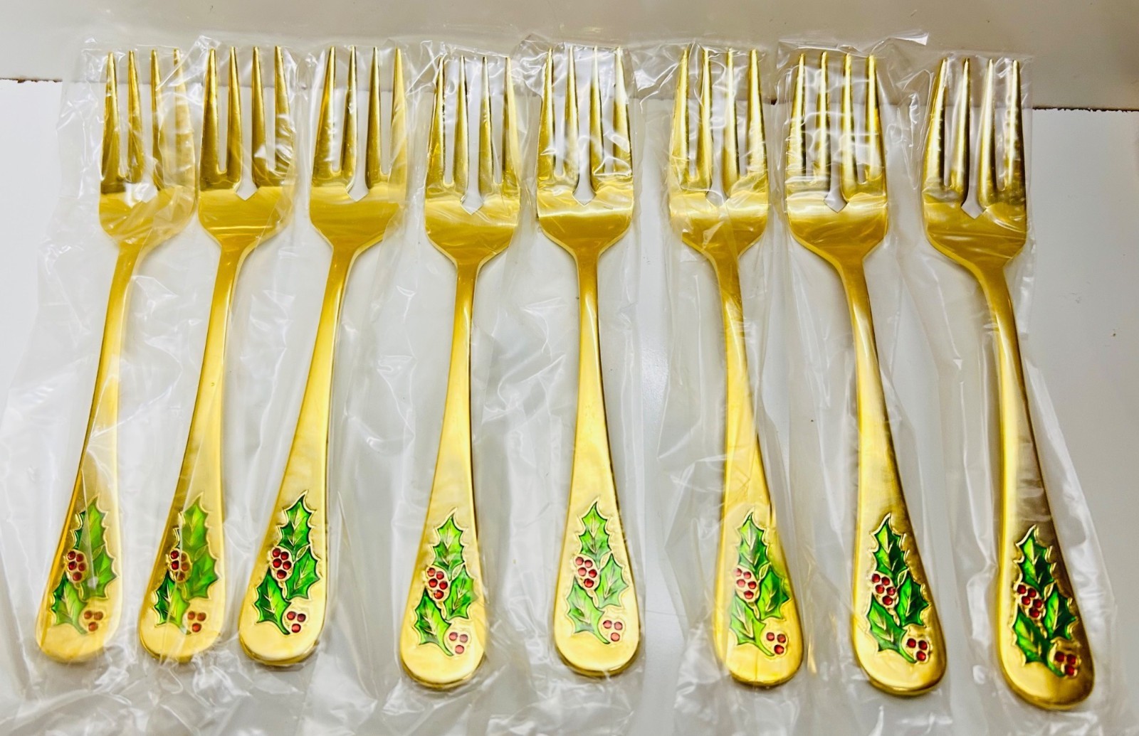 Holly Berry Gold-Plated Stainless Steel Japan Flatware 8 Set New In Sleeves NIB