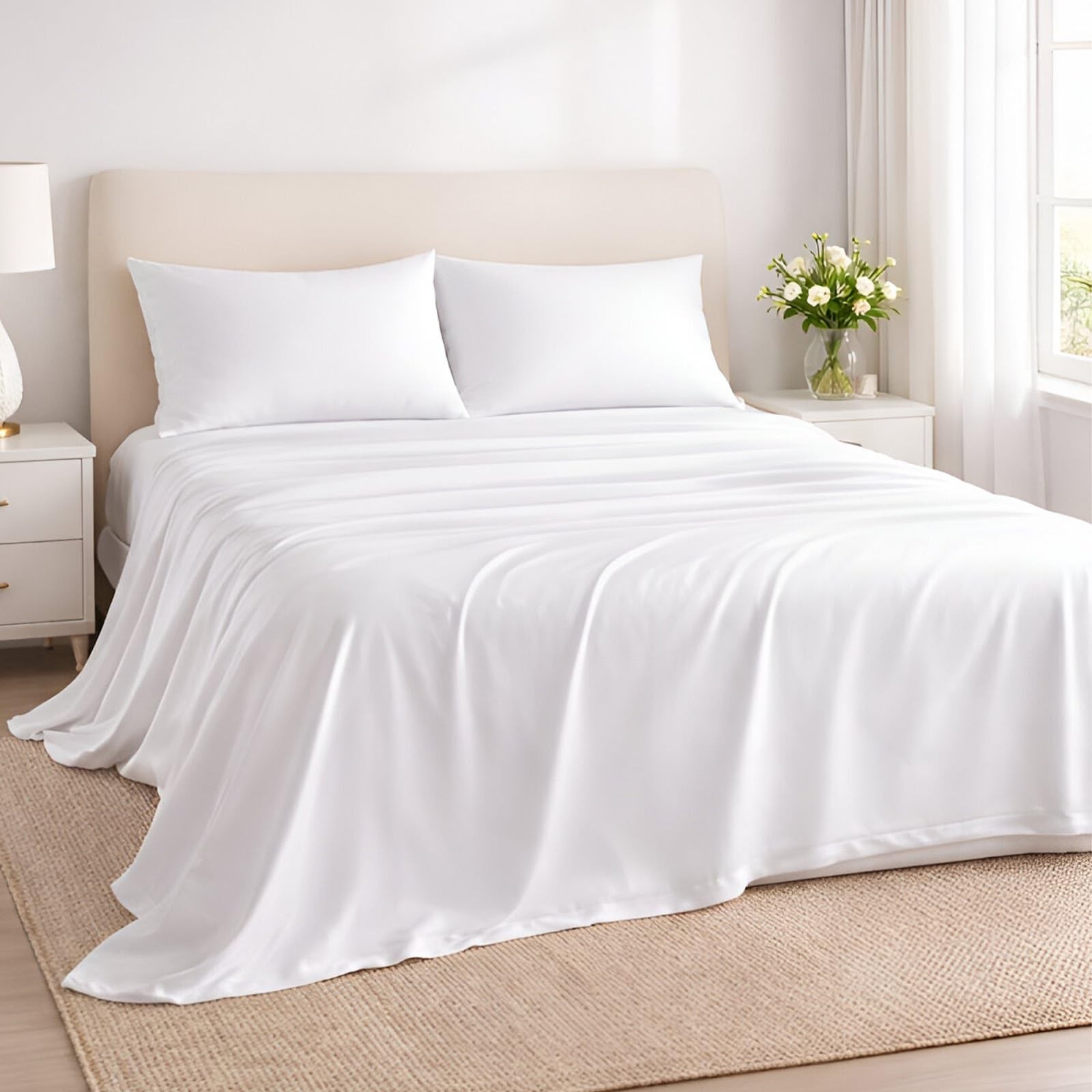 Rajlinen 100% Cotton Queen Sheets Set, Cooling & Queen, White Solid