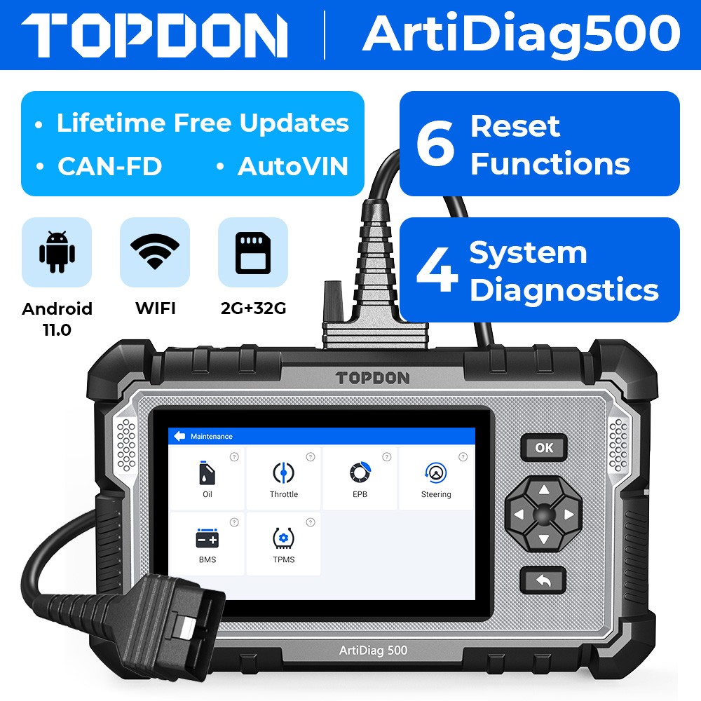 TOPDON AD500 OBD2 Scanner Engine Transmission ABS SRS Diagnostic Code Reader FCA