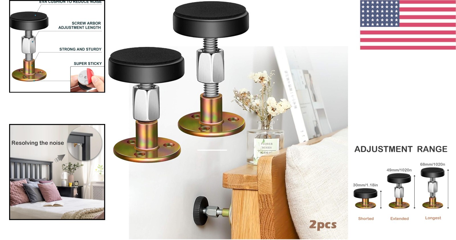 Easy Install Adjustable Bed Frame Anti-Shake Stoppers, Wall Protection 30-64mm