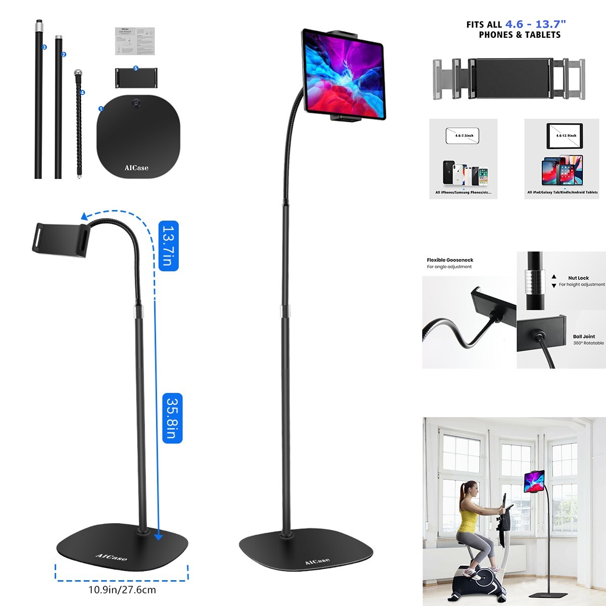 Height Adjust Gooseneck Floor Stand iPad Pro Air Samsung Tab iPhone Mount Holder