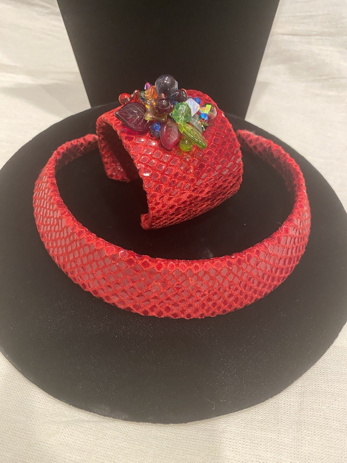 Artisan Snakeskin Fabric Cuffed Bracelet with Collar