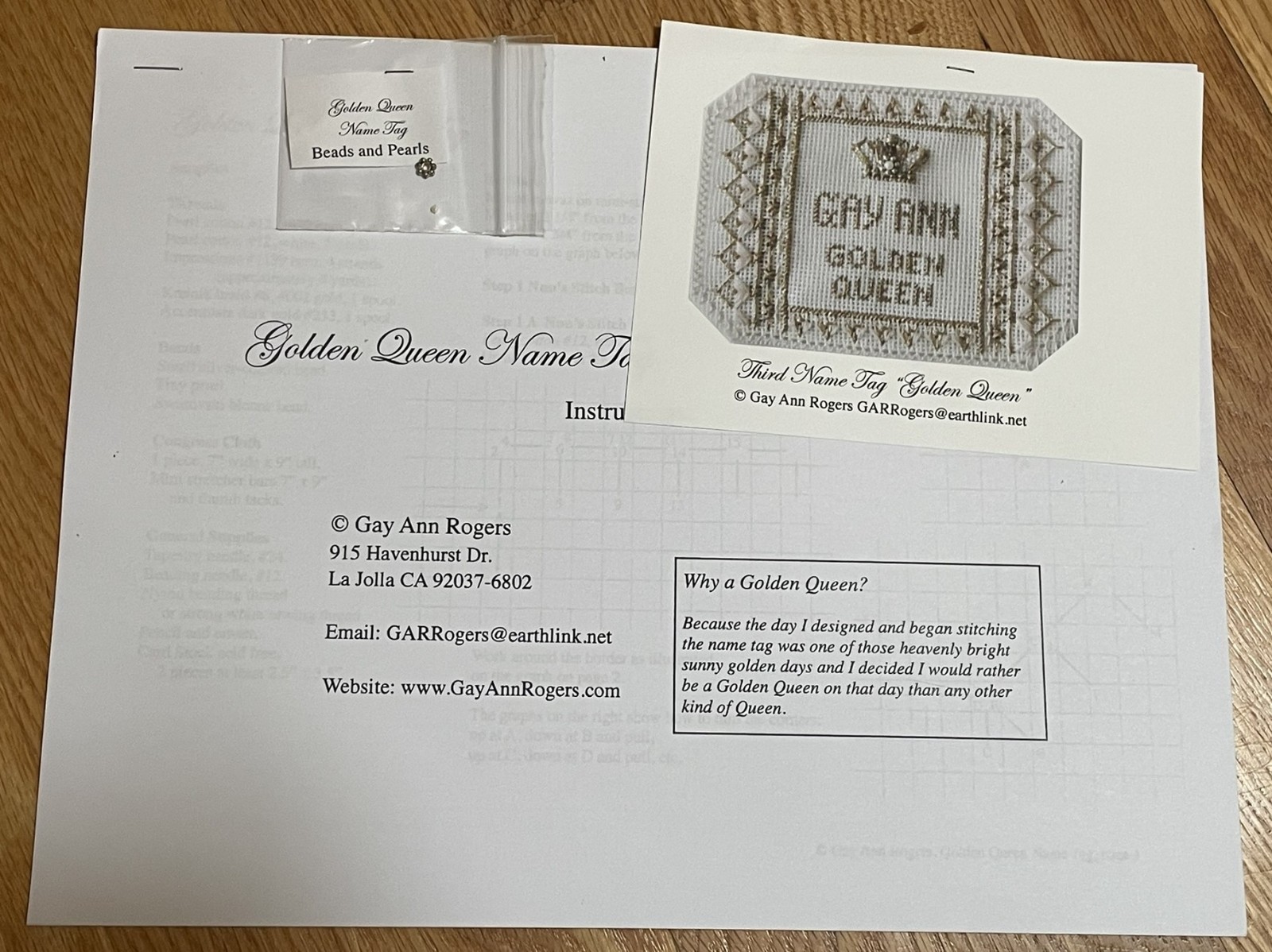 Gay Ann Rogers Golden Queen Name Tag pattern and beads