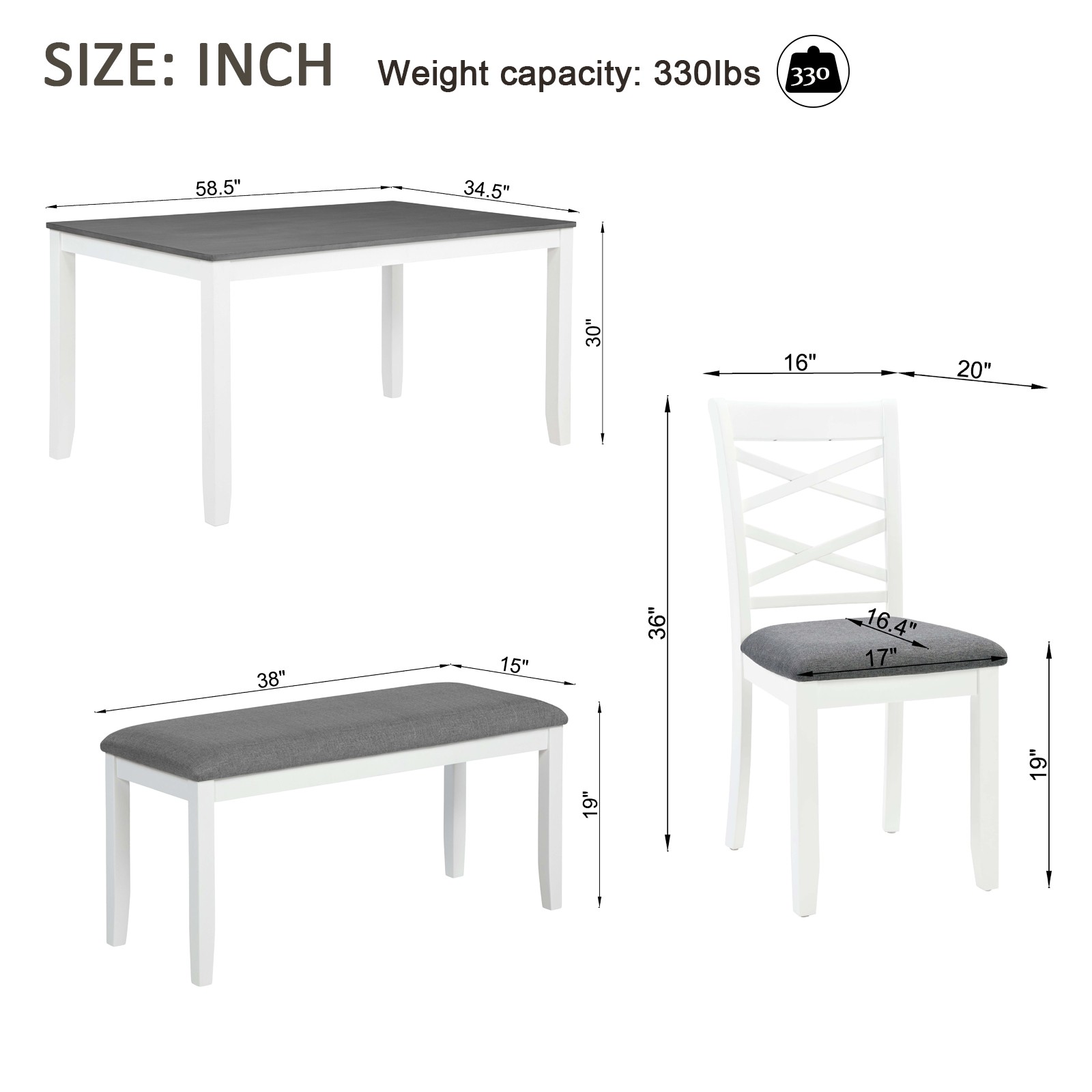 6-Piece Rectangular Wood Dining Table Set w/ Bench & 4 Upholstered Chair Modern