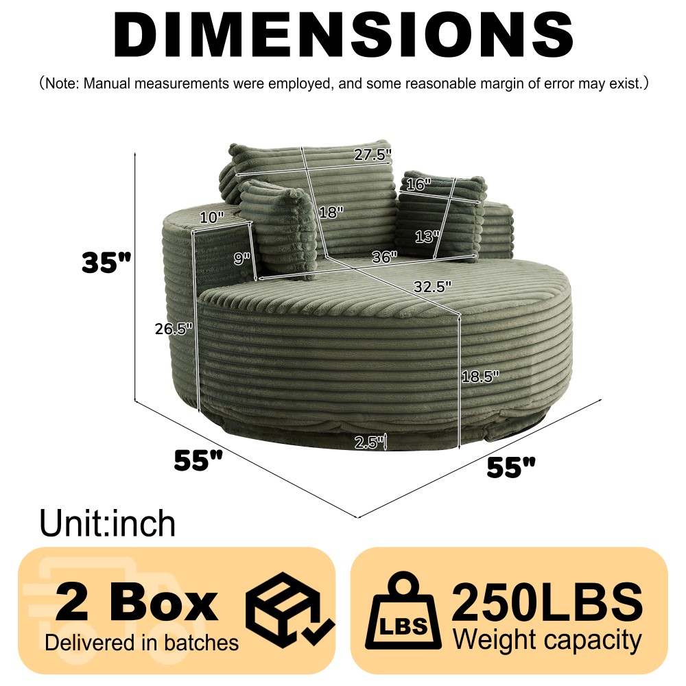 Green Corduroy Swivel Chair, 360° Rotation Foam Sleeper Sofa for Living Room