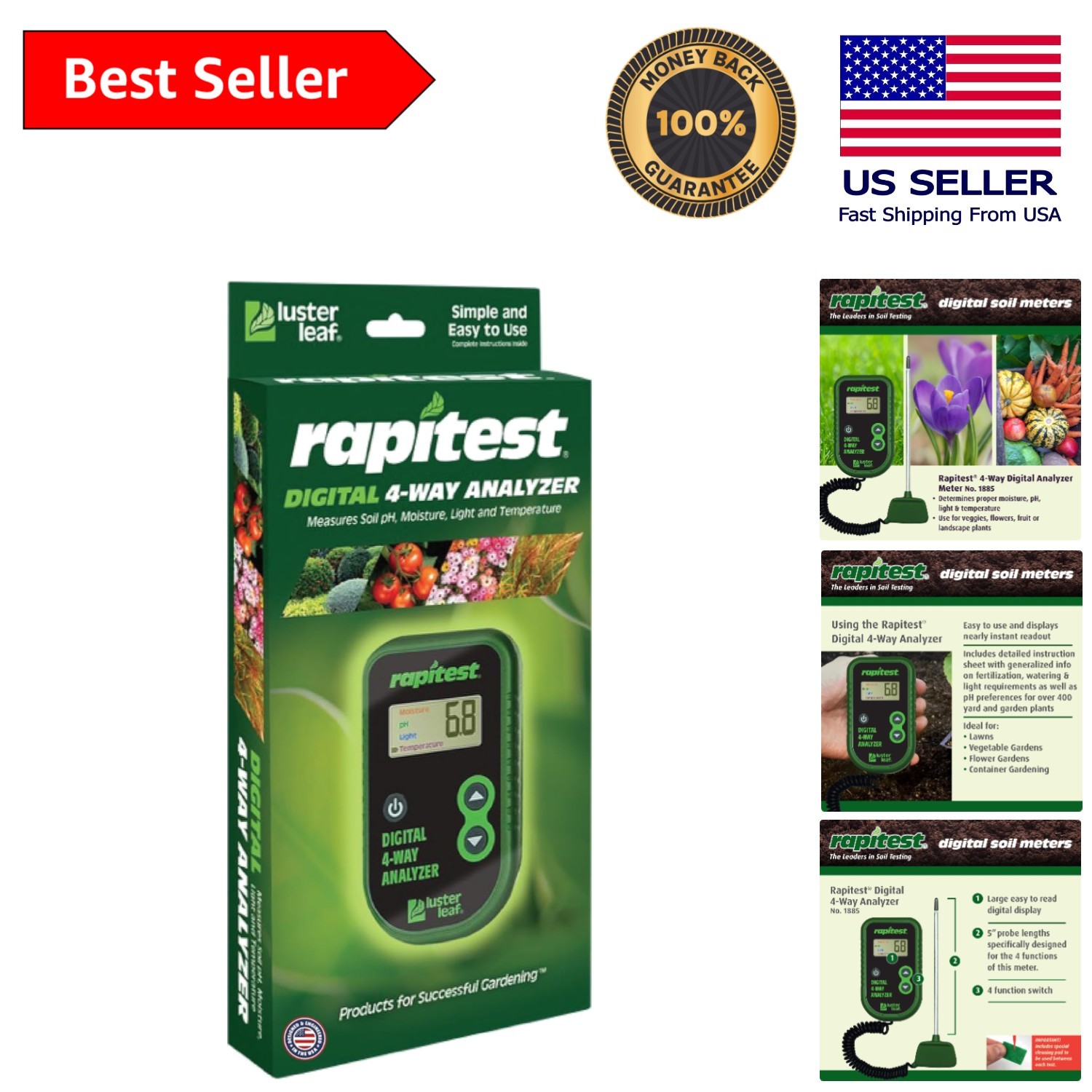 Sleek Digital 4-Way Soil Analyzer for Perfect Garden Conditions - 12x7 Inches
