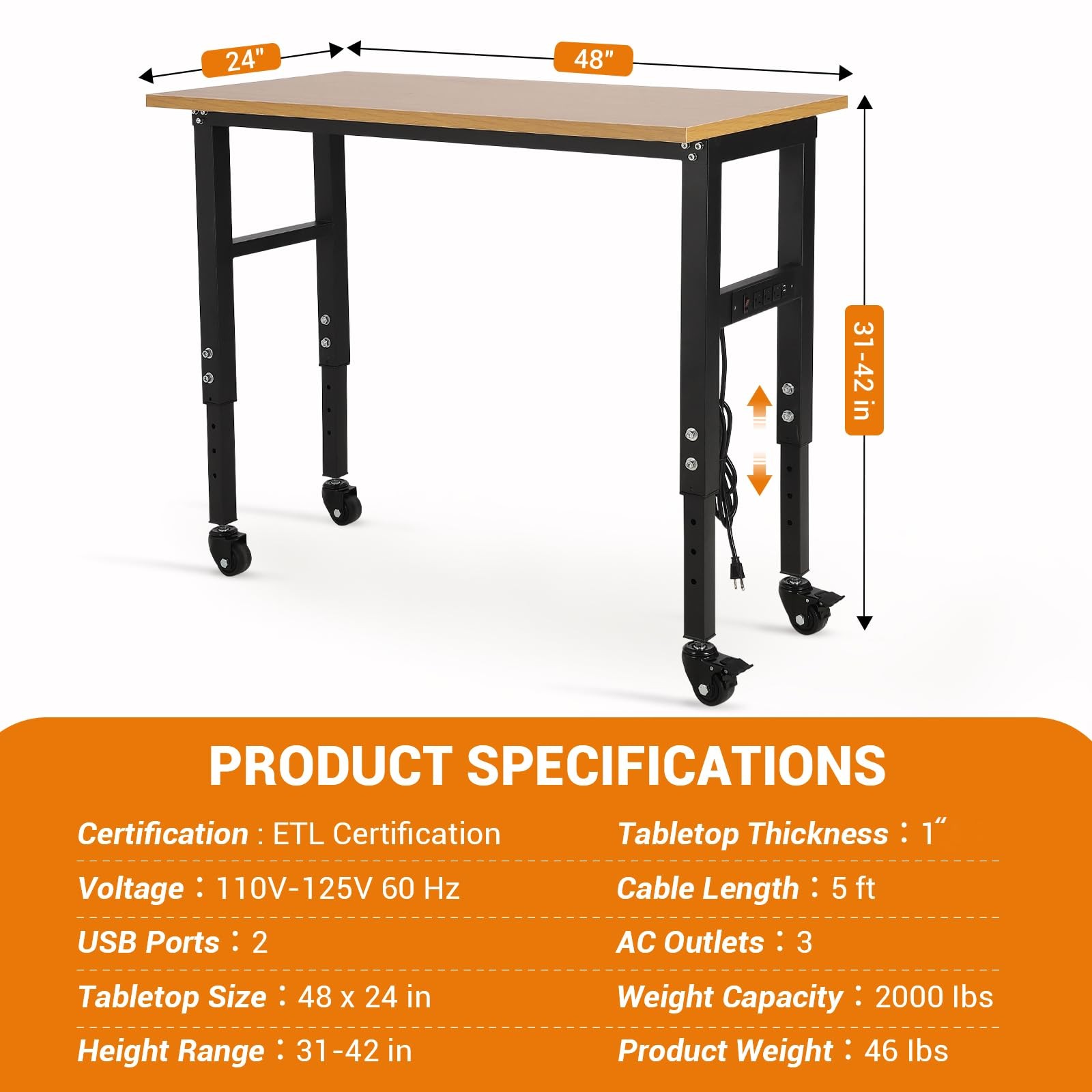 Adjustable Height Workbench 48"x 24" Work Bench Table w/ Power Outlets & Wheels
