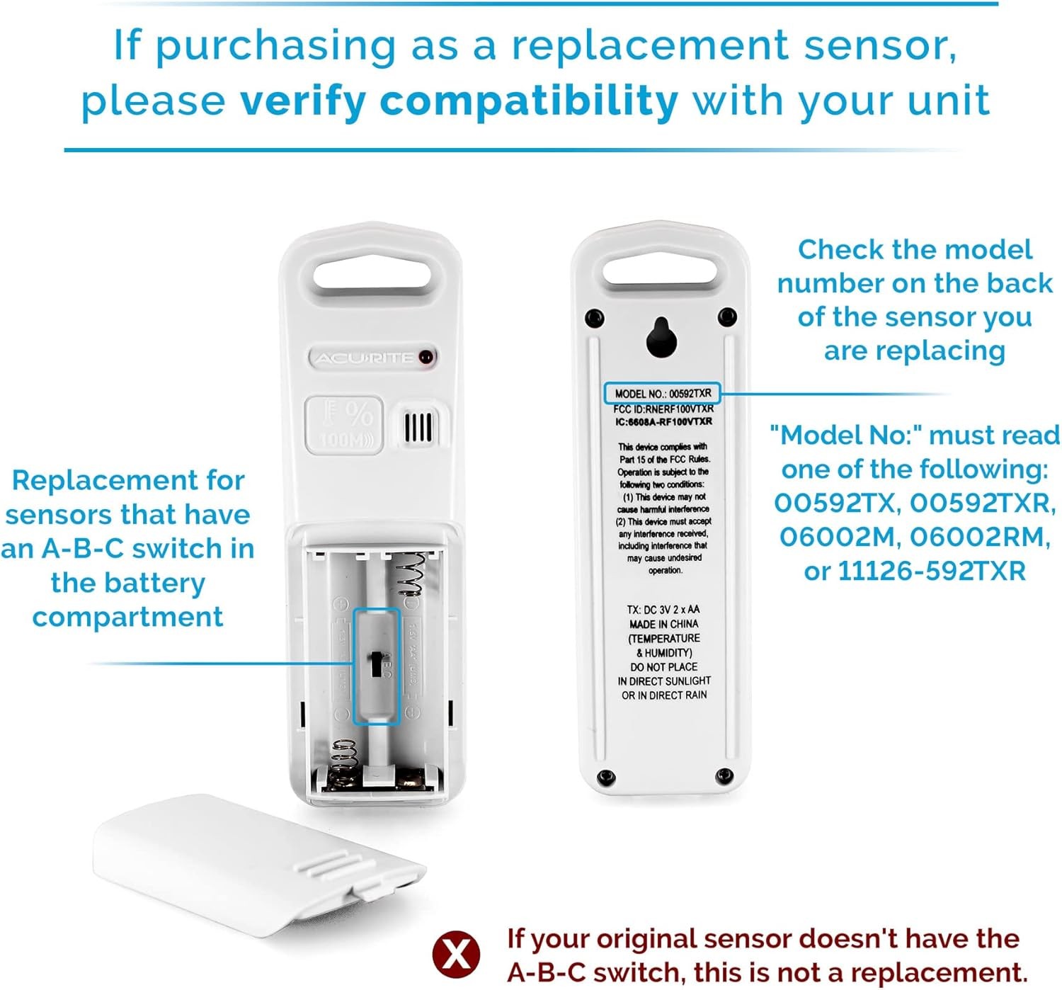 AcuRite Wireless Indoor Outdoor Temperature and Humidity Sensor with A-B-C...