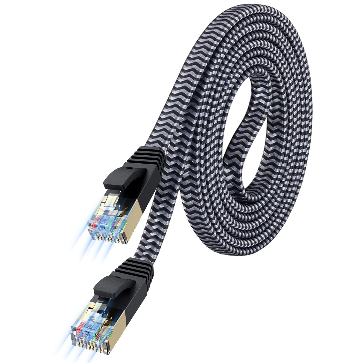Cat 7 Ethernet Cable 25ft - Nylon Braided Flat High Speed 25FT, Silvery Black