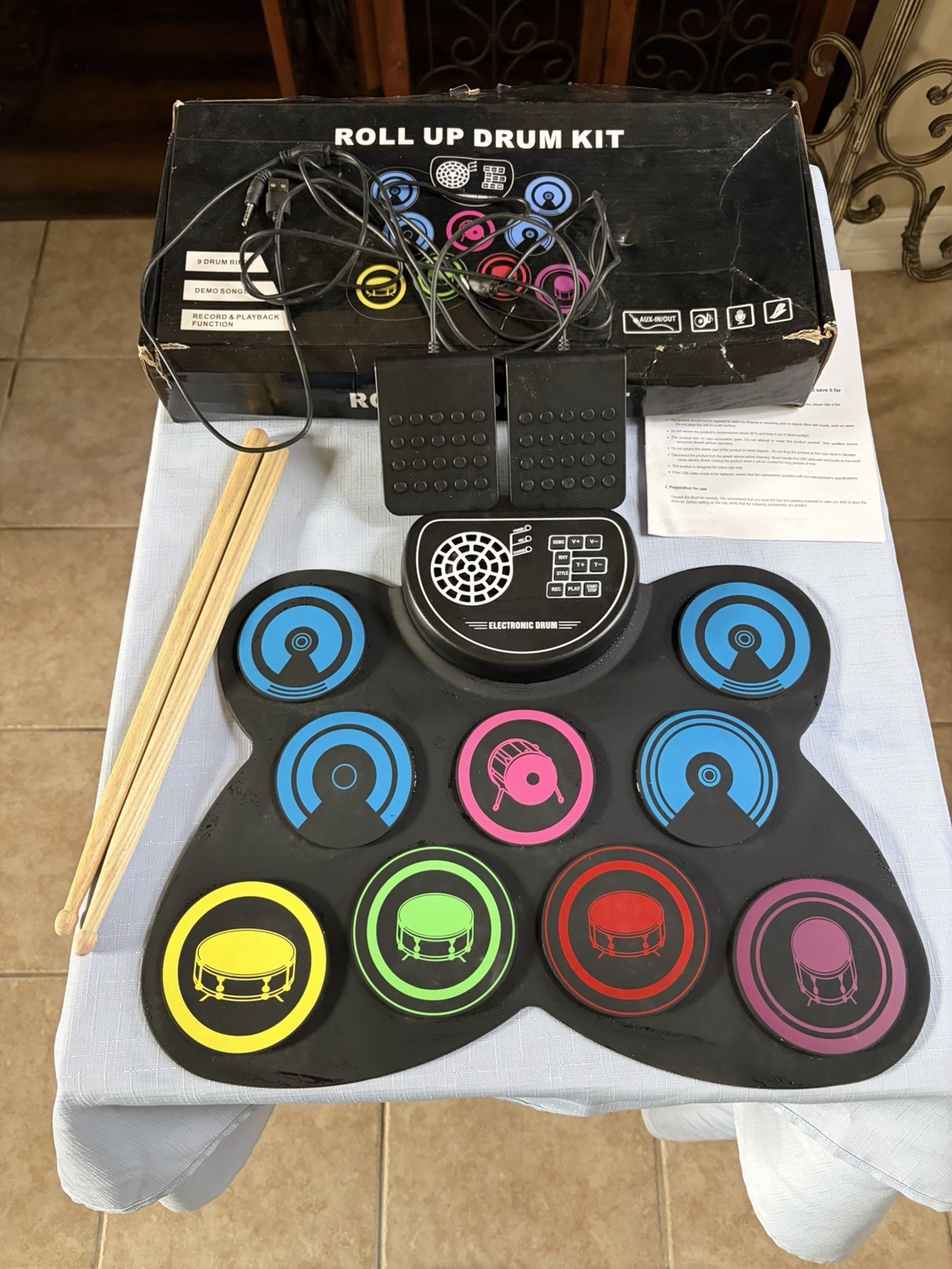 Electronic Drum Pad Roll-Up 9 Pads Foot Pedals USB Charge Speaker REC Play