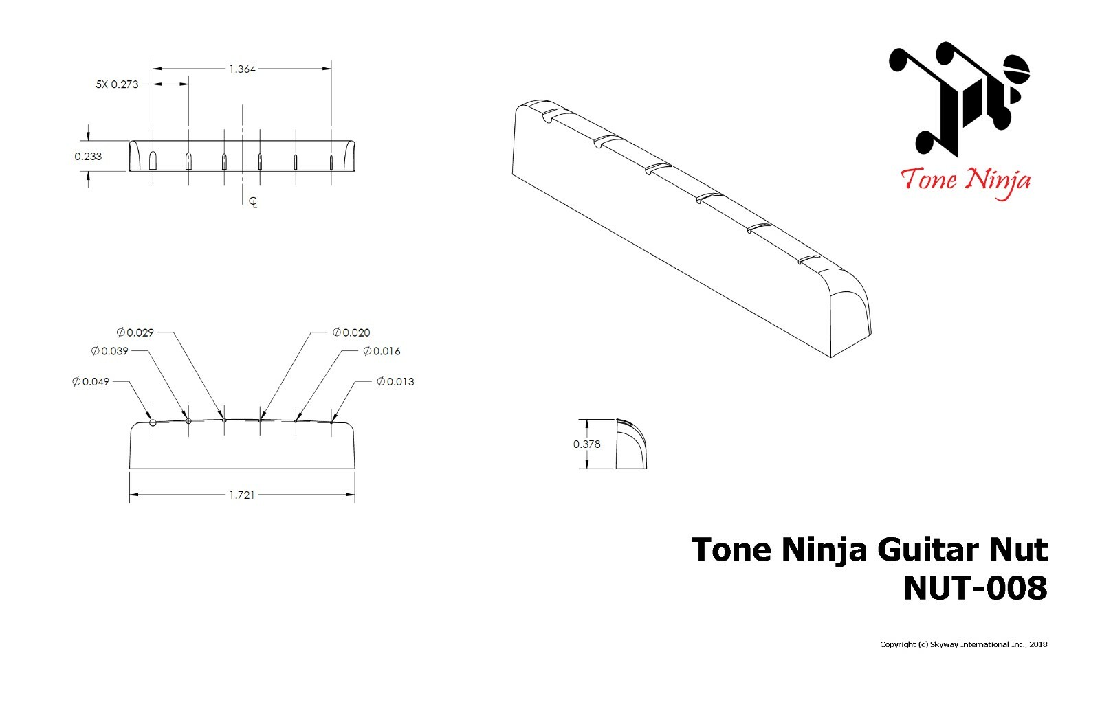 Genuine Tone Ninja Slotted Post 2014 Epiphone Nut, 5-Pack, Black NUT-008-B5