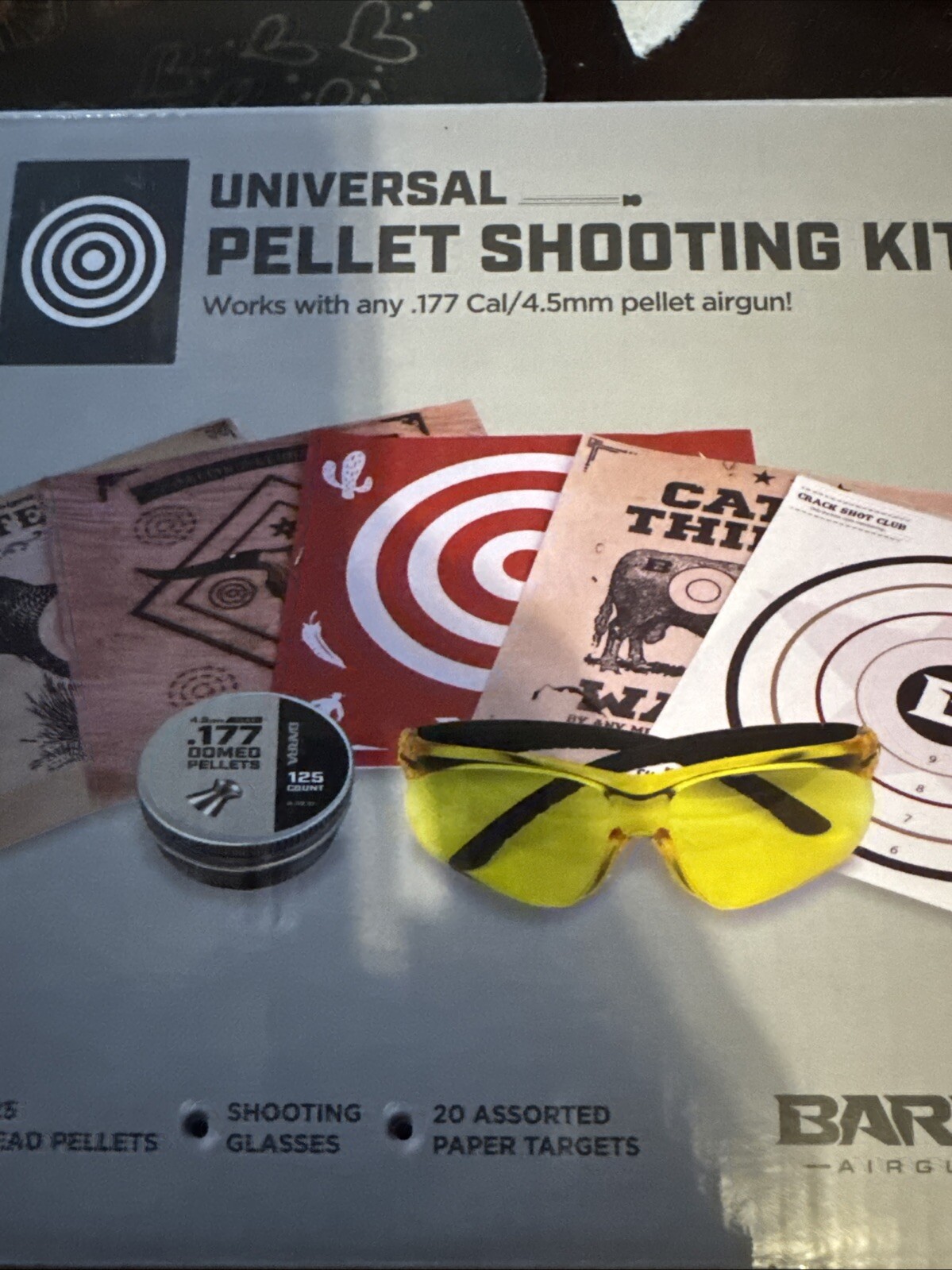 Barra Universal Pellet Shooting Kit, 125 Lead Pellets, 20 Targets, Safety Glass