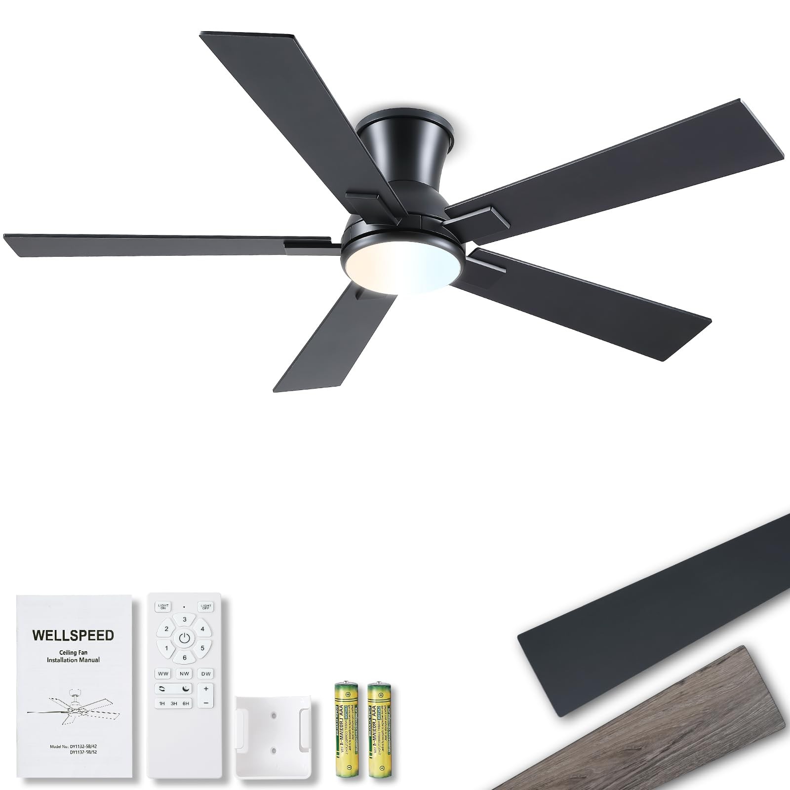 52 Inch Black Flush Mount Ceiling Fan with Light, 52 inch-flush mount,