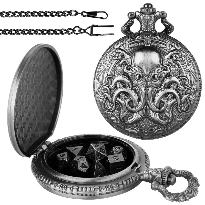 7pcs Solid Metal Polyhedral DND Dice Set in Octopus Pocket Watch Case with Chain