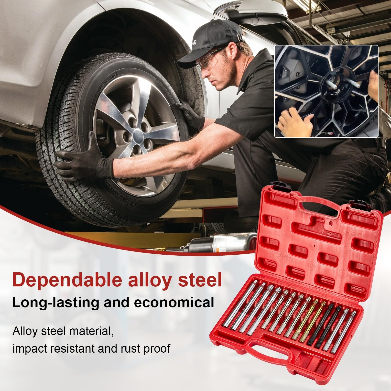 14Pcs Wheel Alignment Tool Set - Stud Pilot Pins & Hub Positioning Rods for Tire