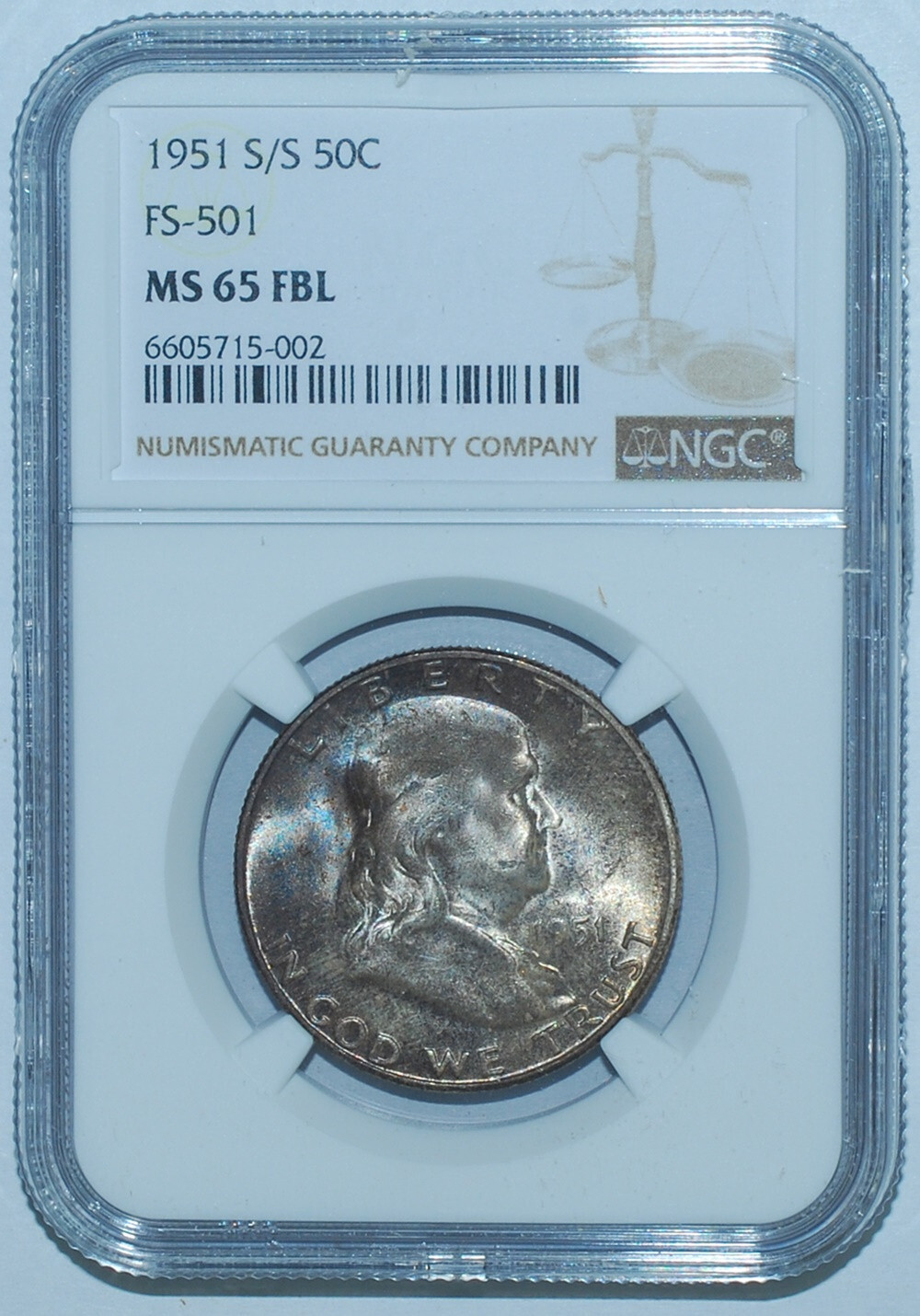 1951 S/S NGC MS65FBL FS-501 RPM Repunched Mint Mark Franklin Half Dollar