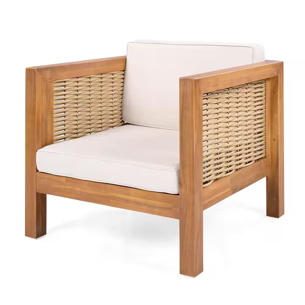 Acacia Wood Outdoor Dining Chair Club Chair W/Beige Cushion and Rope Arm 400 Lbs
