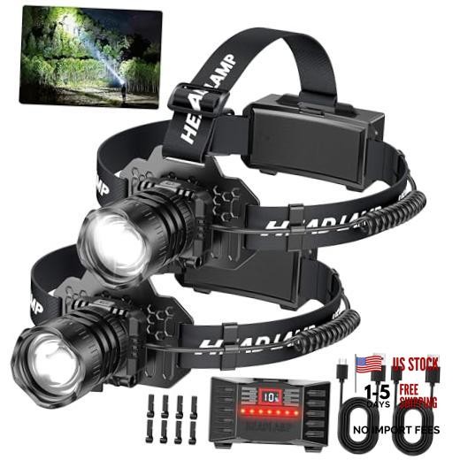 Curtsod Rechargeable LED Headlamp 2-Pack - 99000 Lumens Super Bright with Black