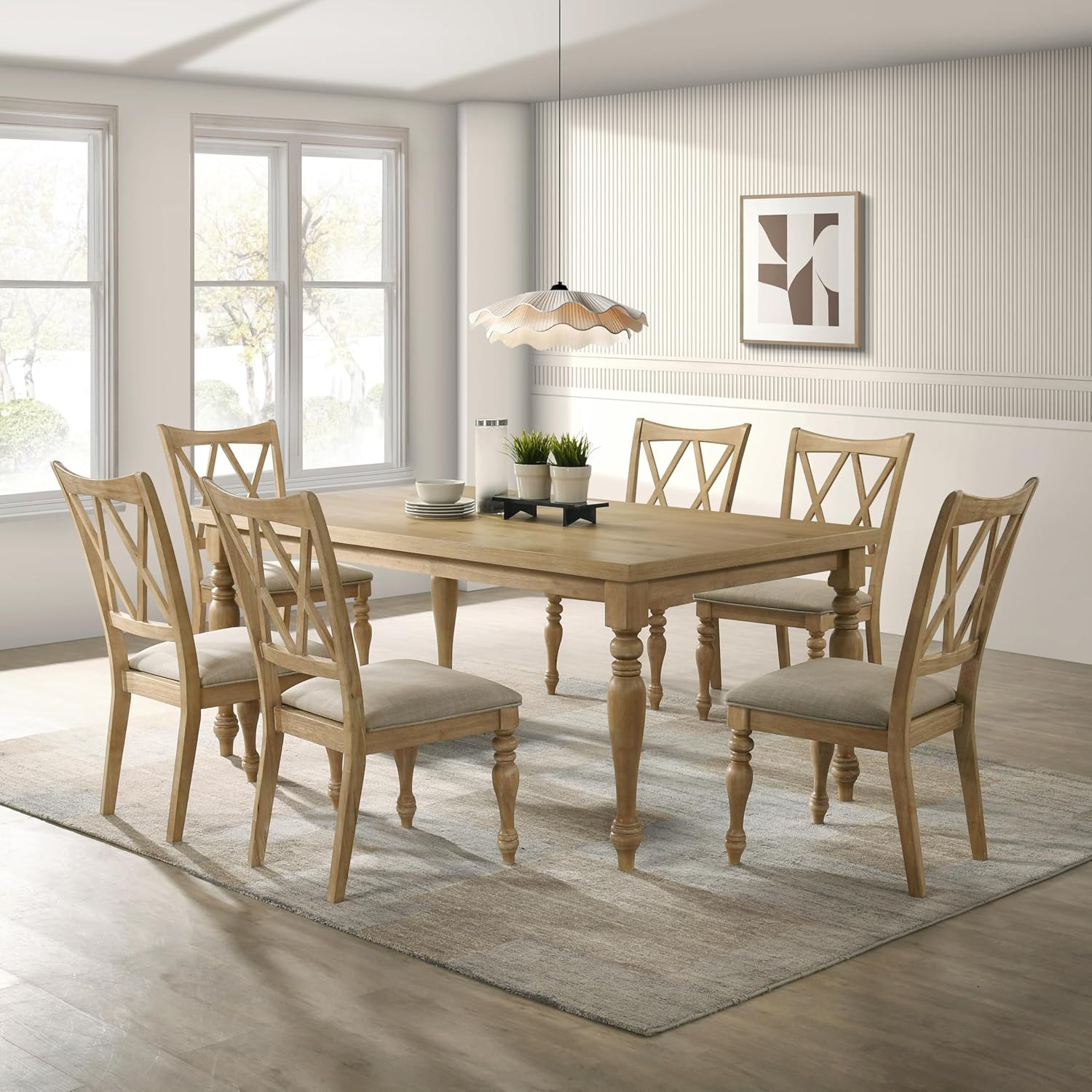 Verta 7-Piece Dining Table with 6 Cross Back Dining Chairs, Light Oak Finish