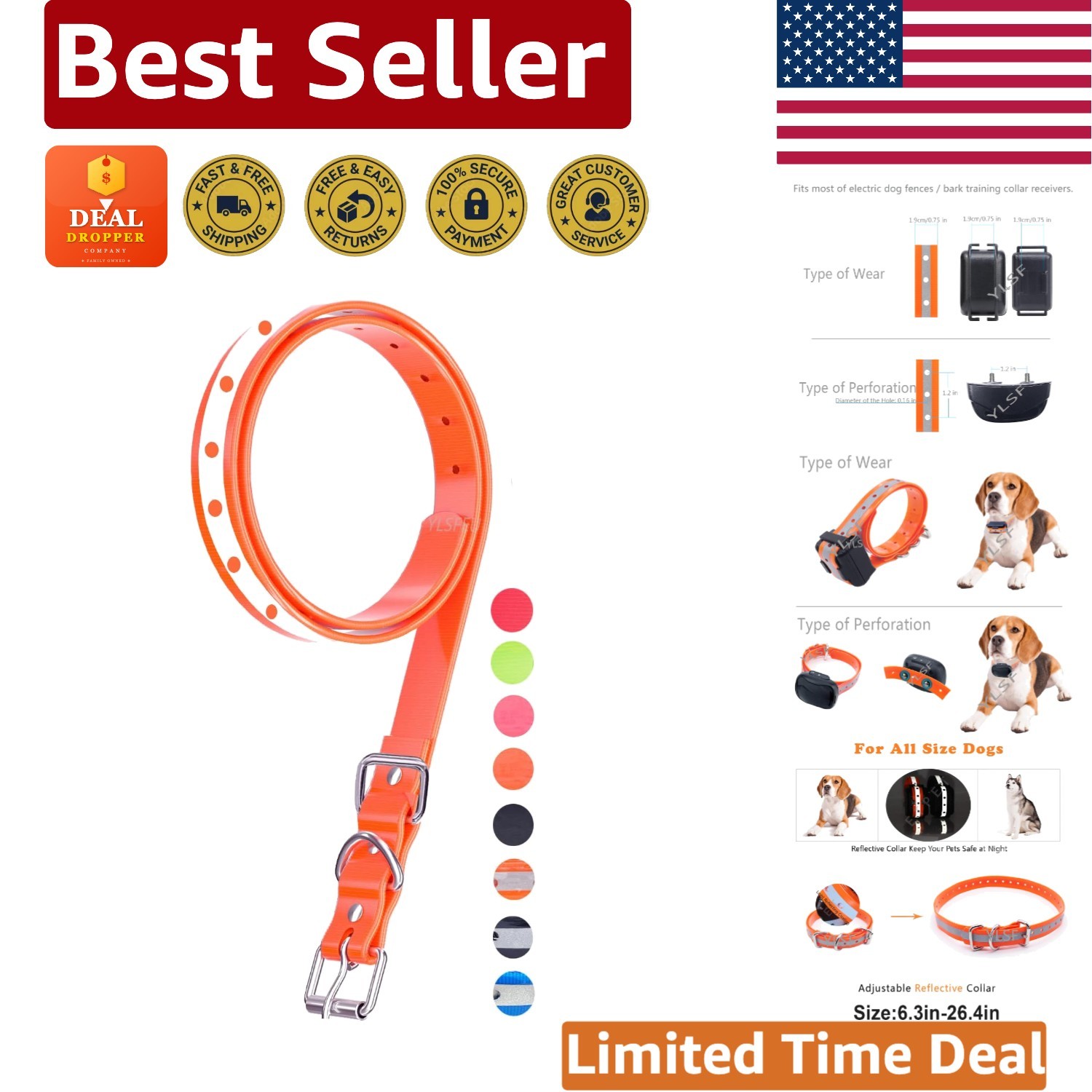 Adjustable Orange Reflective TPU Dog Collar Strap for Training Shock Collars