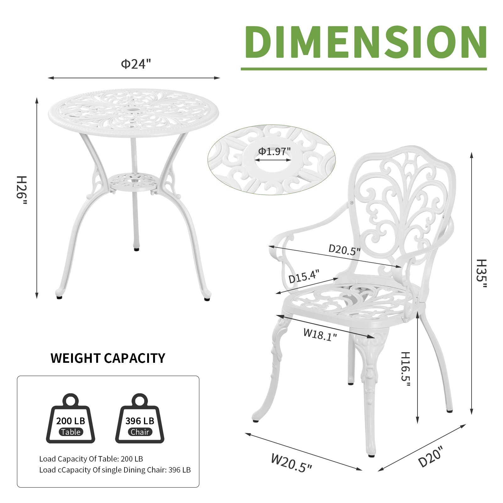 3 Piece Patio Set Outdoor BistroTable and Chairs Set of 2 for Garden White
