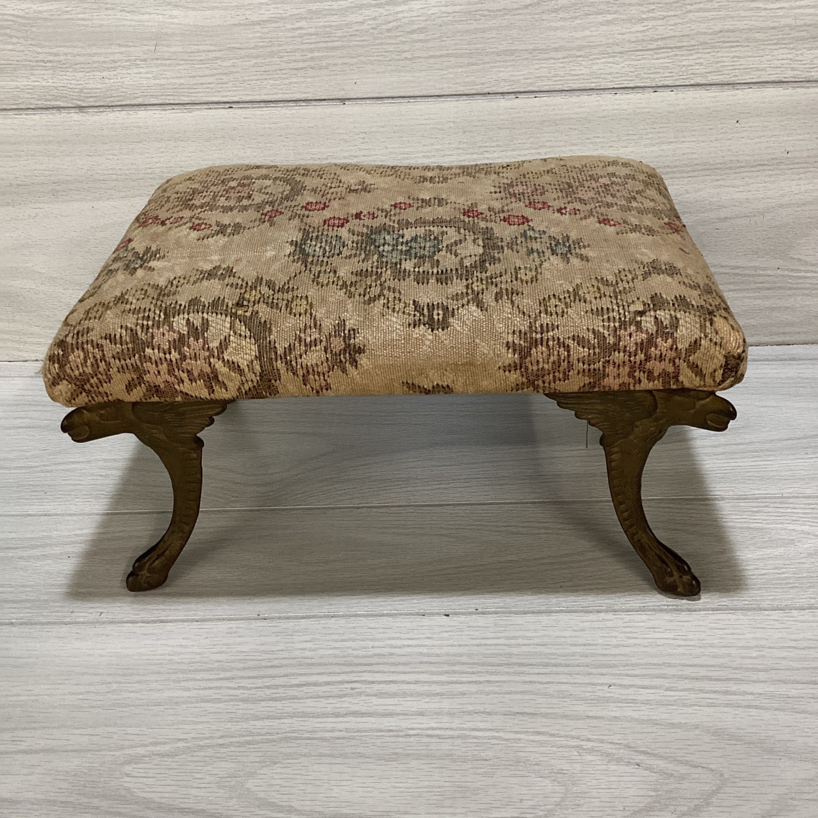 Antique Victorian Footstool 13.5x10x7.5" Cast Iron Bird Legs Fabric Top *Crack*