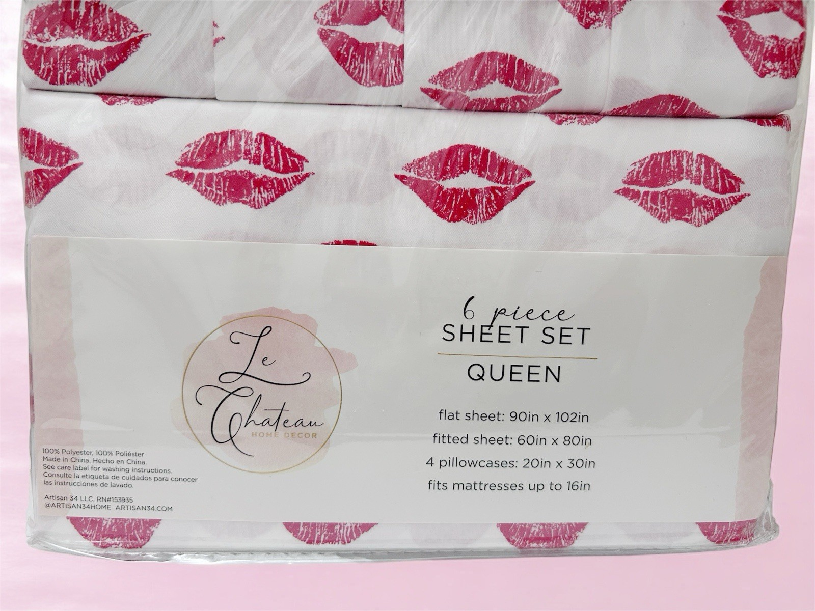 Le Chateau Red Lipstick Bedsheets Queen Set 6pc. Romance Gift Set For Her.