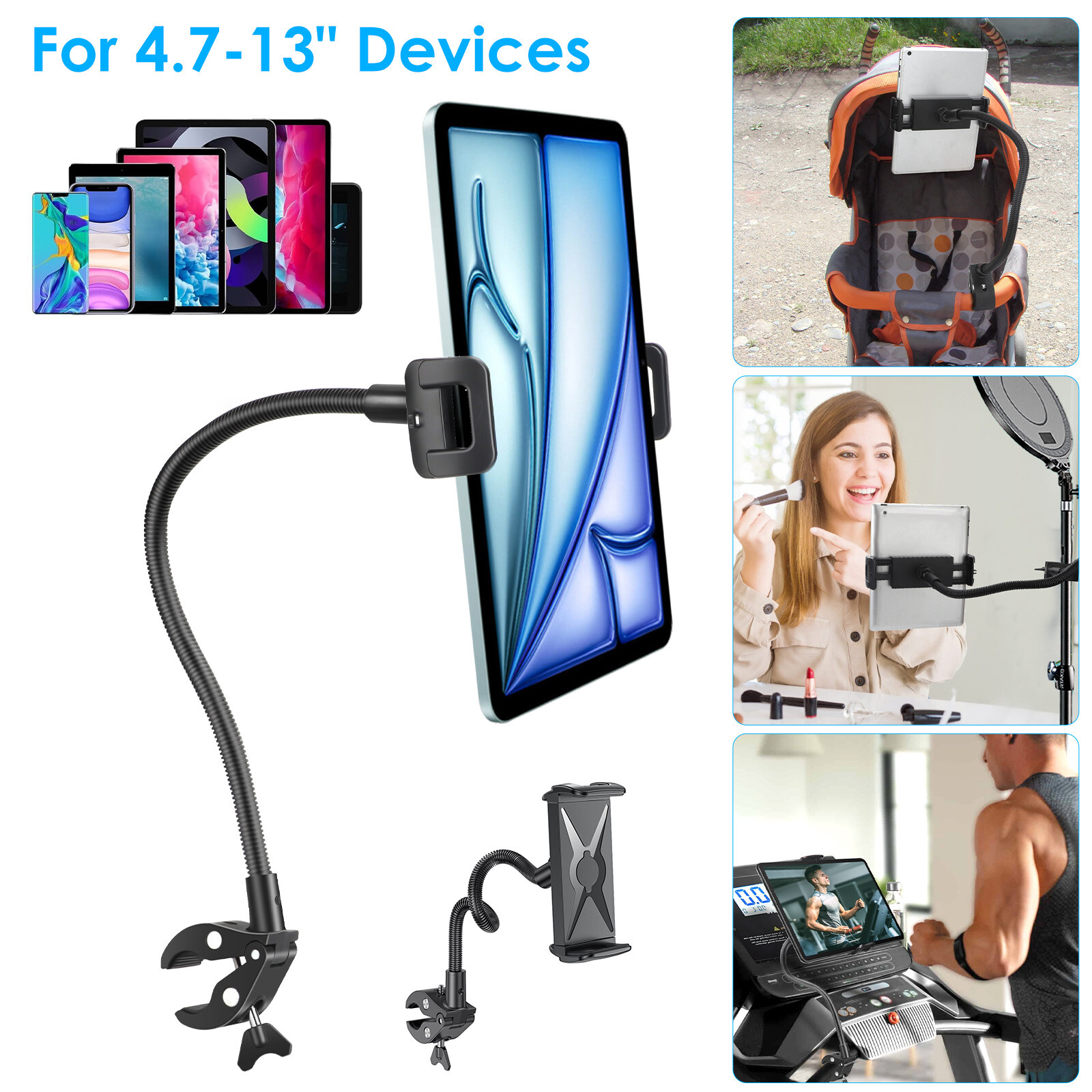 Tablet Phone Holder for Spin Bike Treadmill 4-13" iPad iPhone Mic Stand Mount