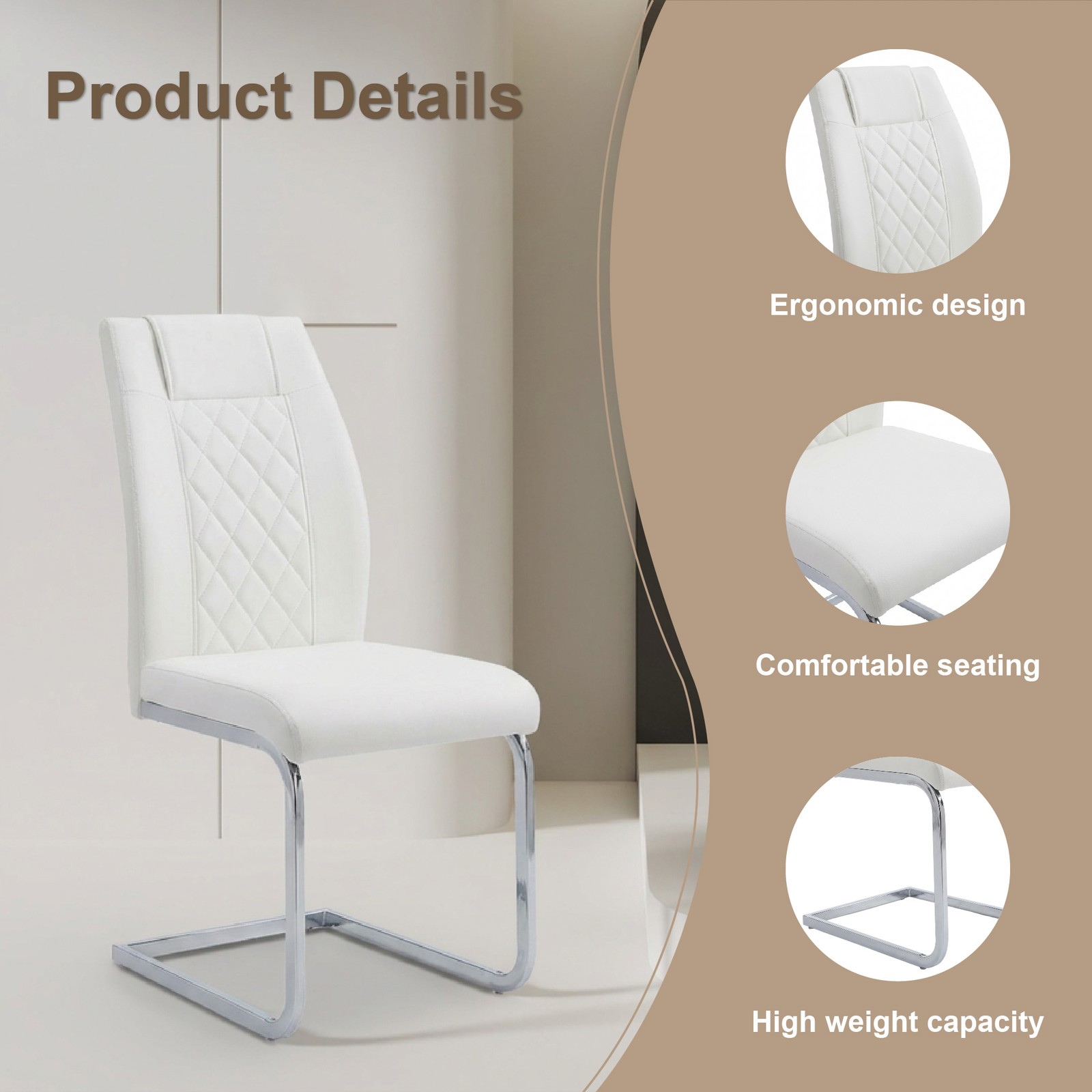High-Back Dining Chairs Set of 4, PU Leather Modern Kitchen Chairs with Silver