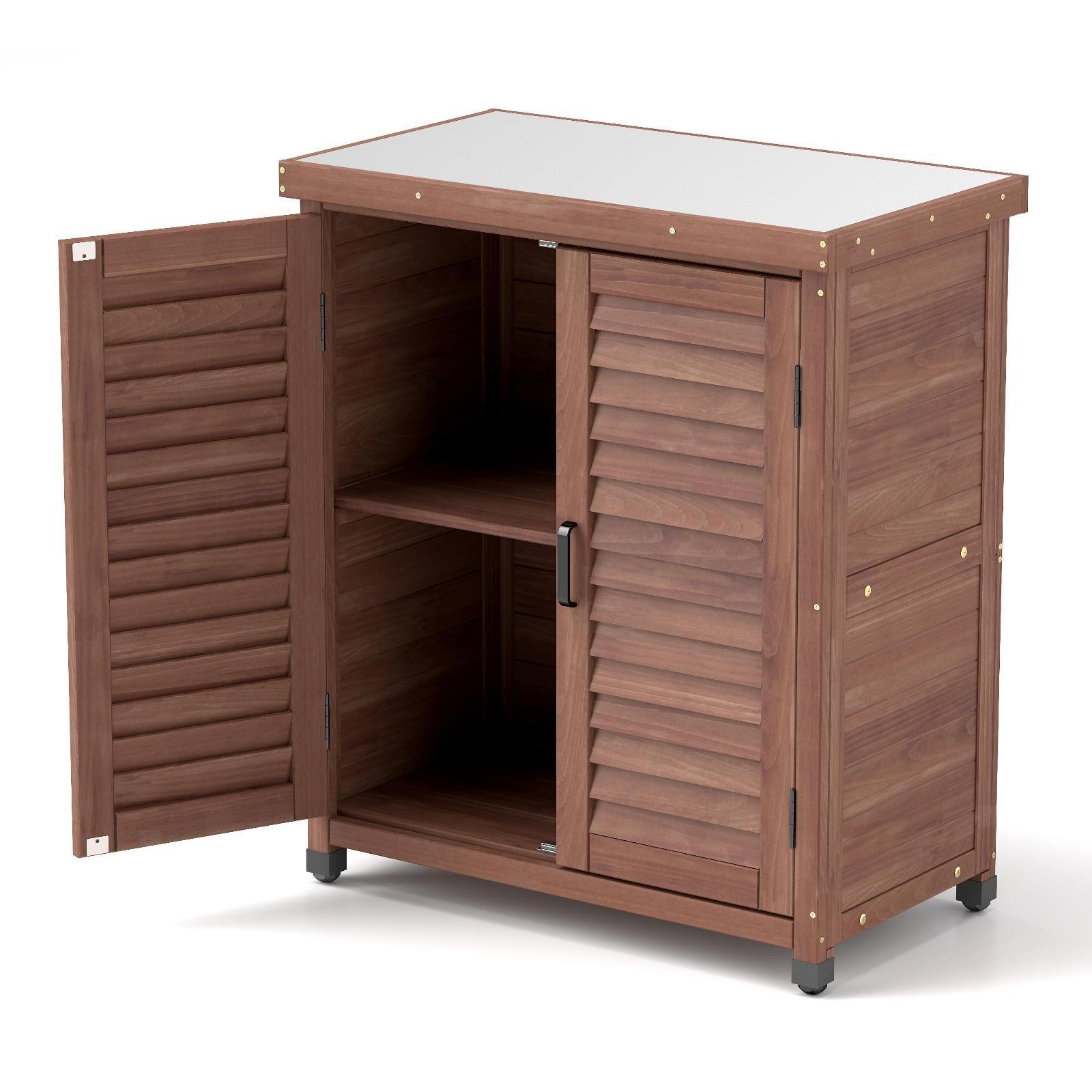 Potting Bench with Storage Cabinet and Metal Table Top for Outdoor Patio,