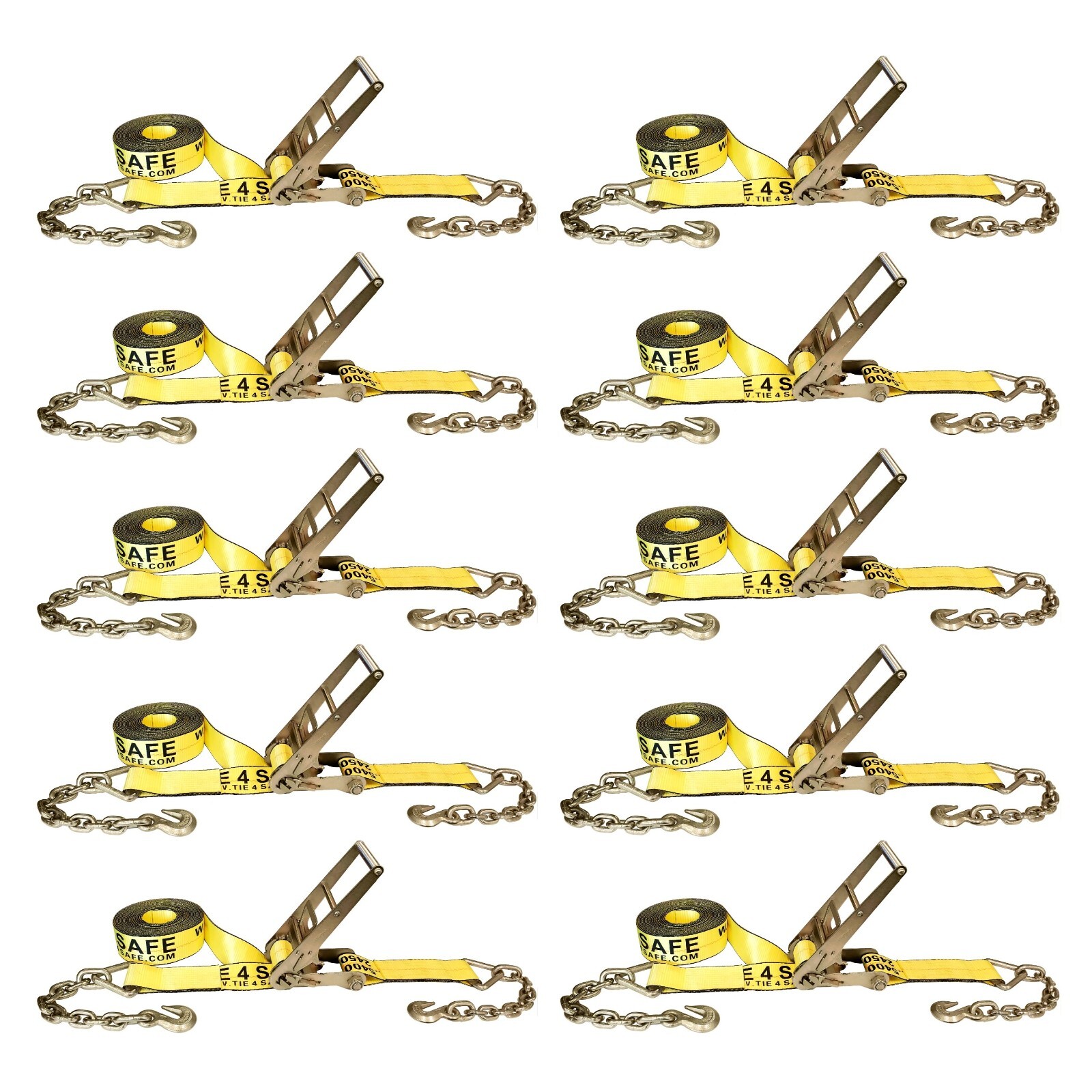 10 Pack 3" x 30' Ratchet Tie Down Strap w/ Chain Extension WLL 5400 LBS YELLOW