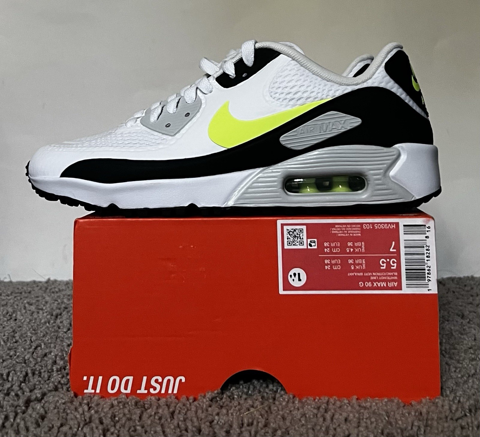 Size 5.5M/7W- Nike Air Max 90 G Golf White Hot Lime Green NBY HV9305-103