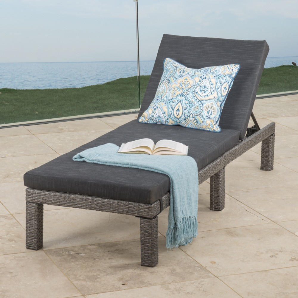 Outdoor Patio Chaise Lounge Cushion Waterproof in Modern Black PE Rattan, 77"