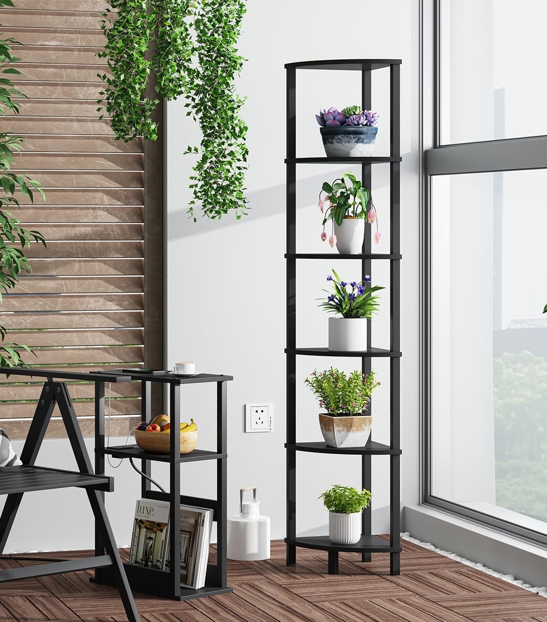 Elegant 6-Tier Industrial Corner Shelf - Customizable Storage Solution