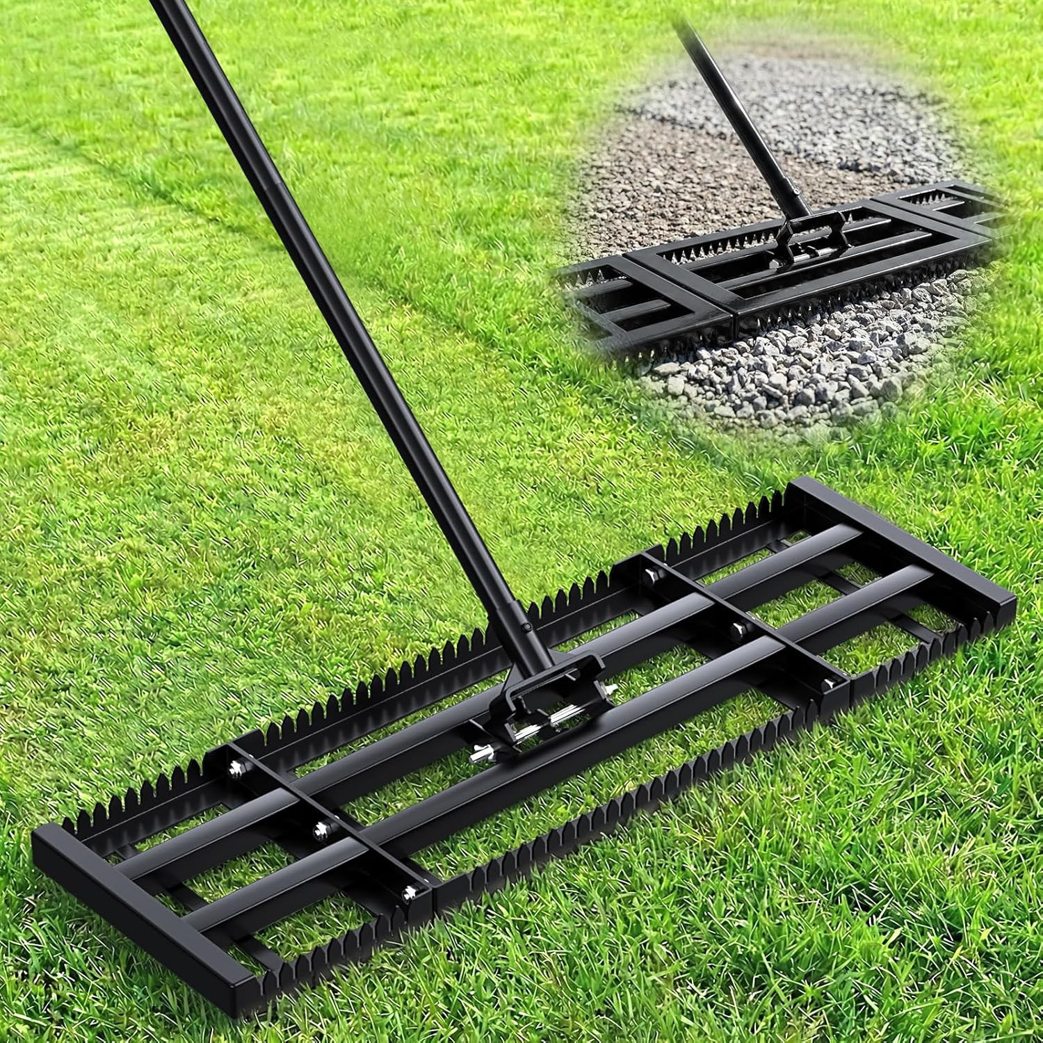 Heavy-Duty Lawn Leveling Rake with Adjustable Handle and Dual-Sided Plate