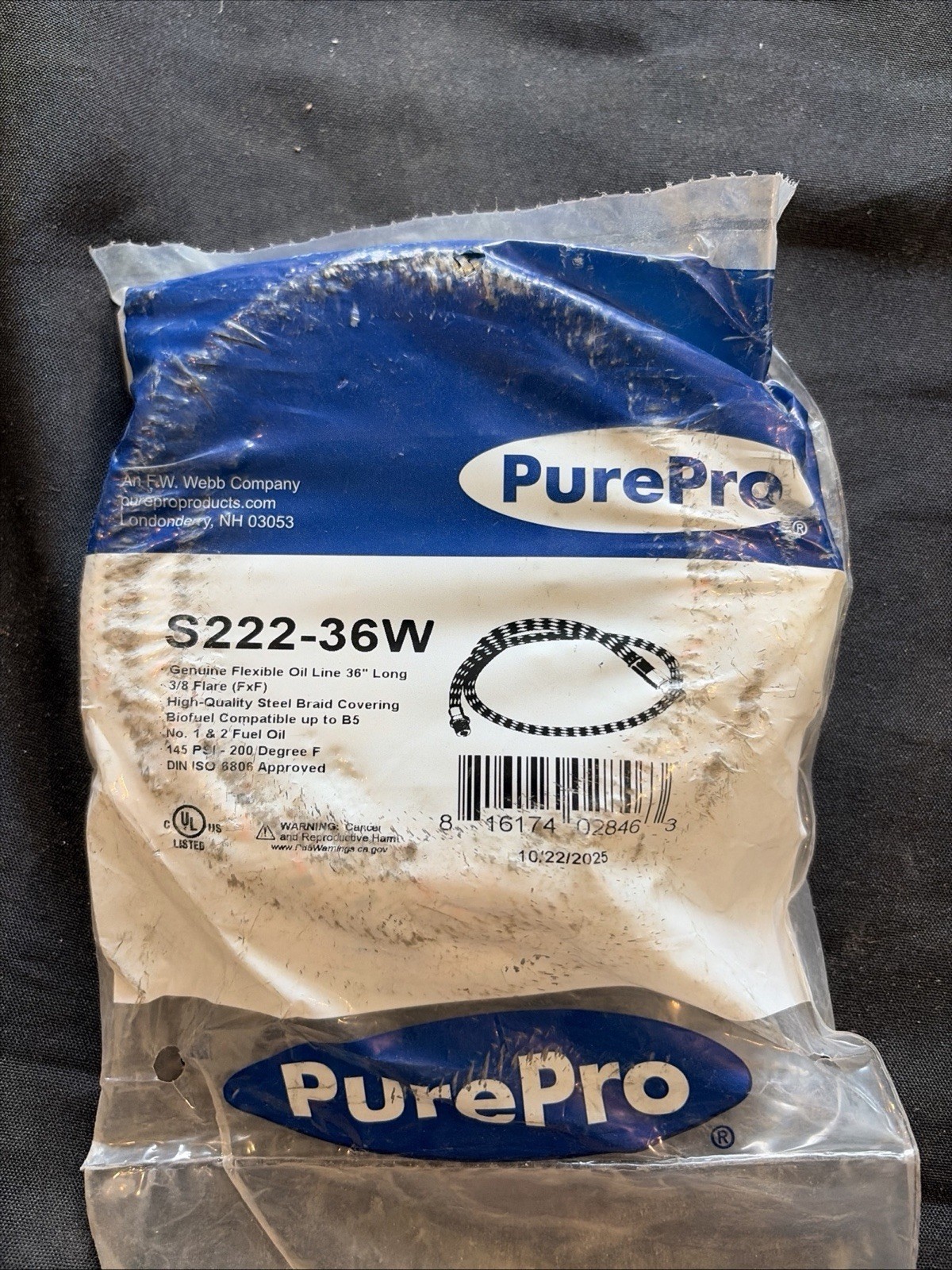 PurePro S222-36W Flexible oil line, braidedsteel covering 3/8”