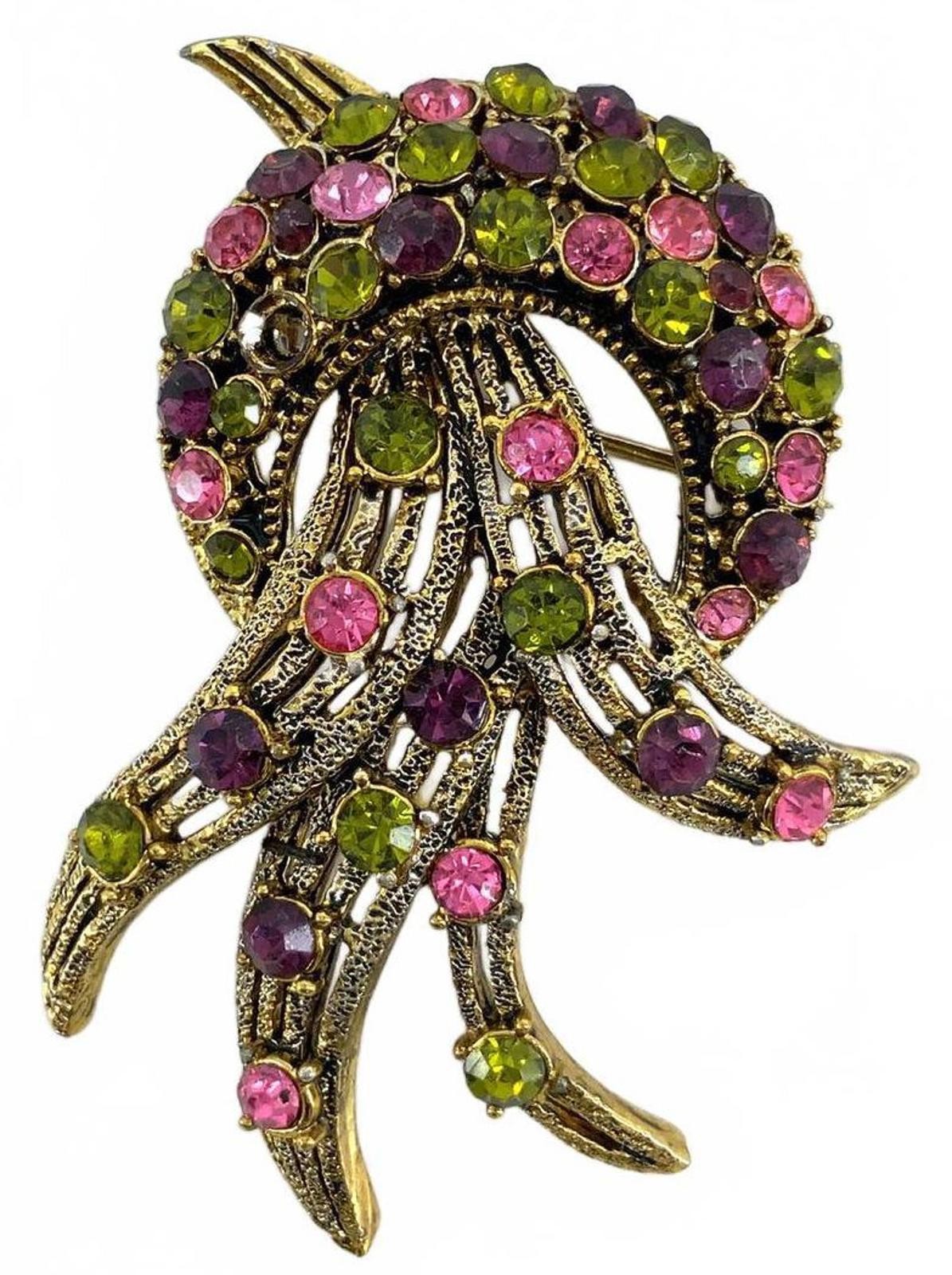 Vintage Gold Tone Rhinestone Abstract Floral Brooch Pink Green Purple Boho Pin