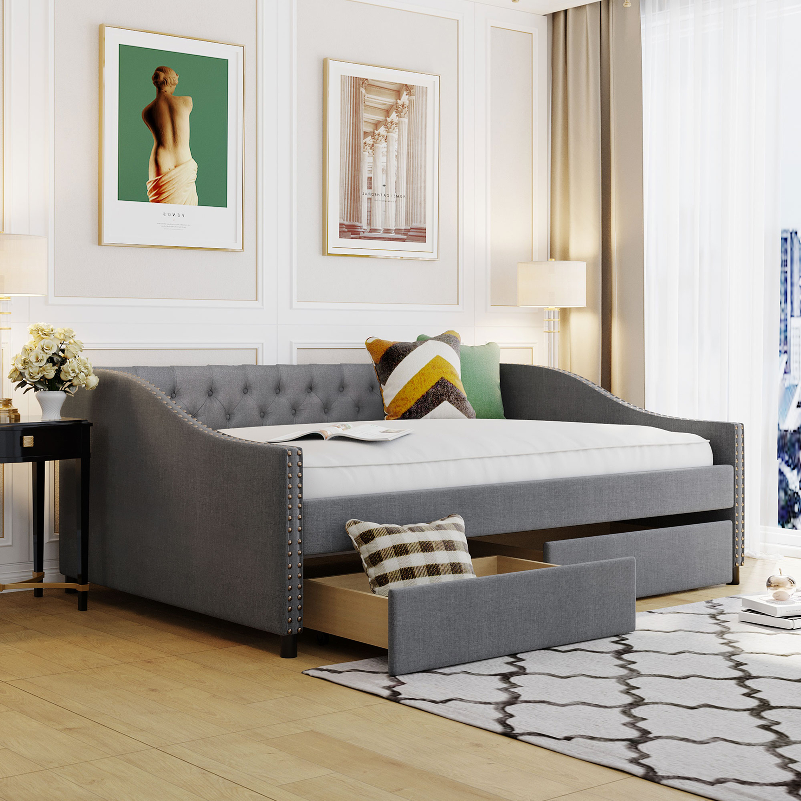 Modern Full Size Upholstered Daybed Sofa Storage Bed +Two Drawers Wood Slat Gray