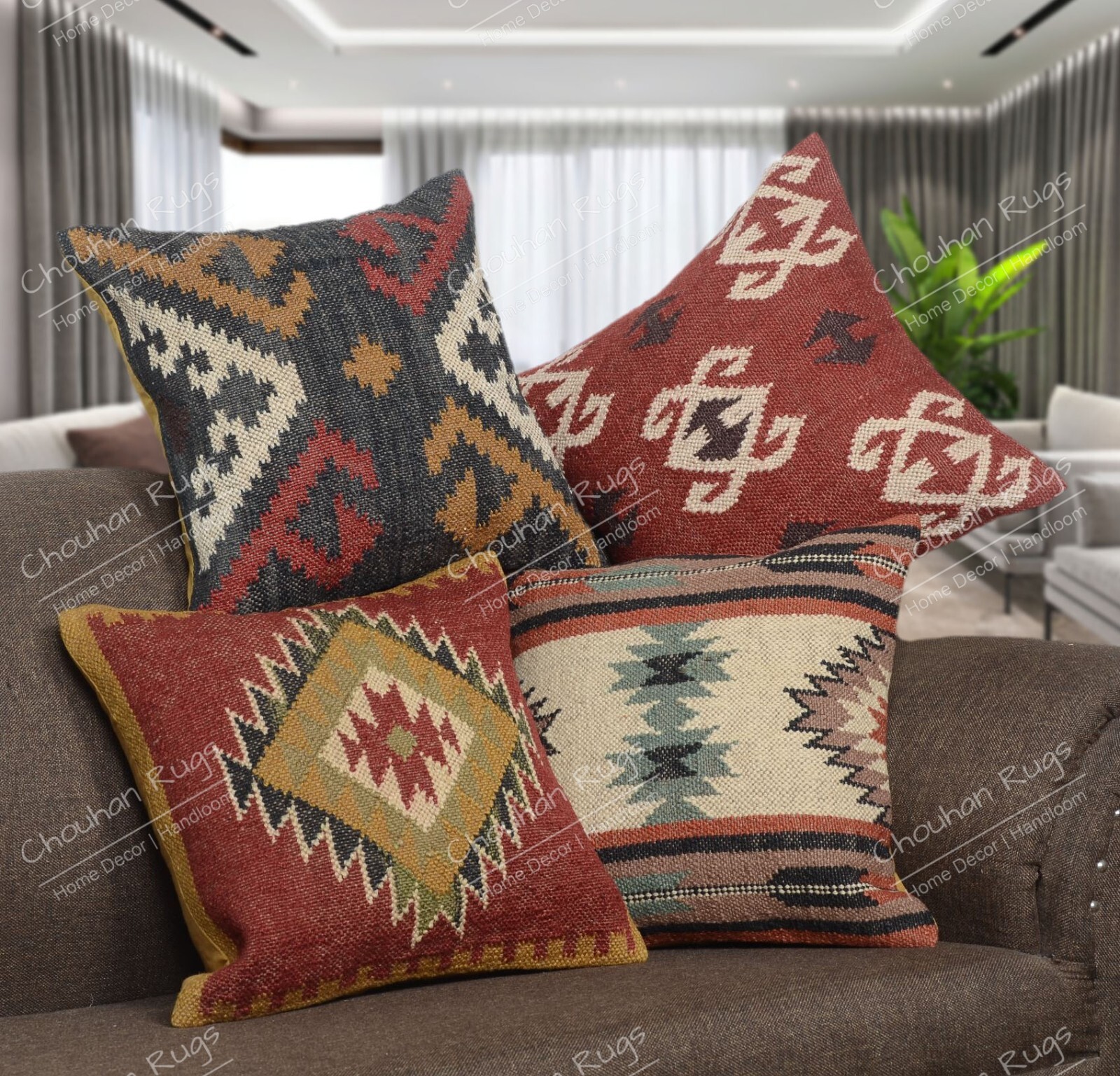 Indian 4 Set Multicolor Cushion Cover Jute Kilim Rugs Handwoven Tribal Pillow